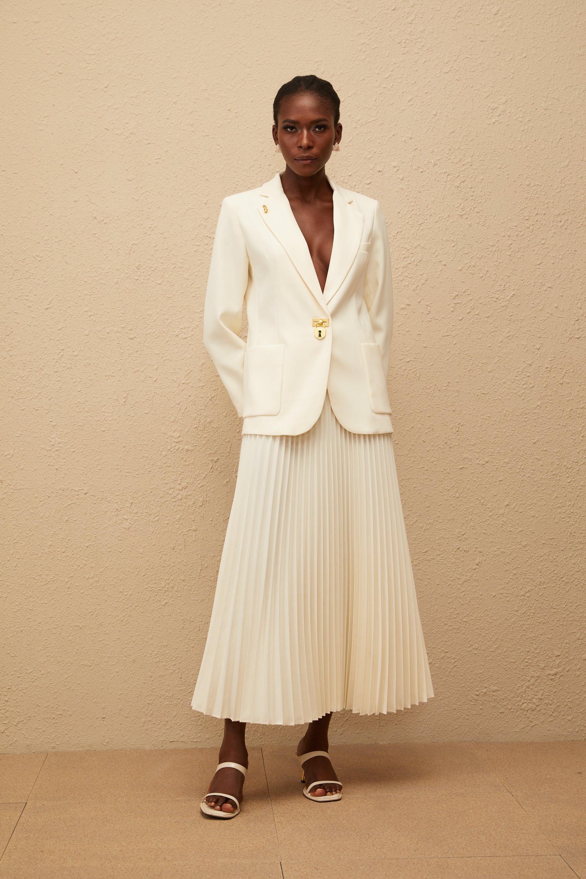 Léonide Neutral Lock Detail Blazer & Skirt Set