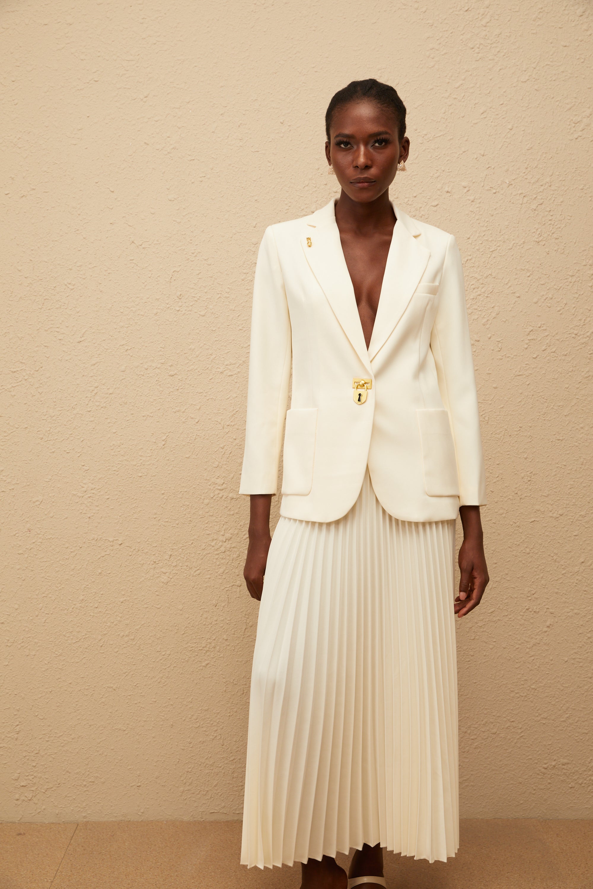 Léonide Neutral Lock Detail Blazer & Skirt Set