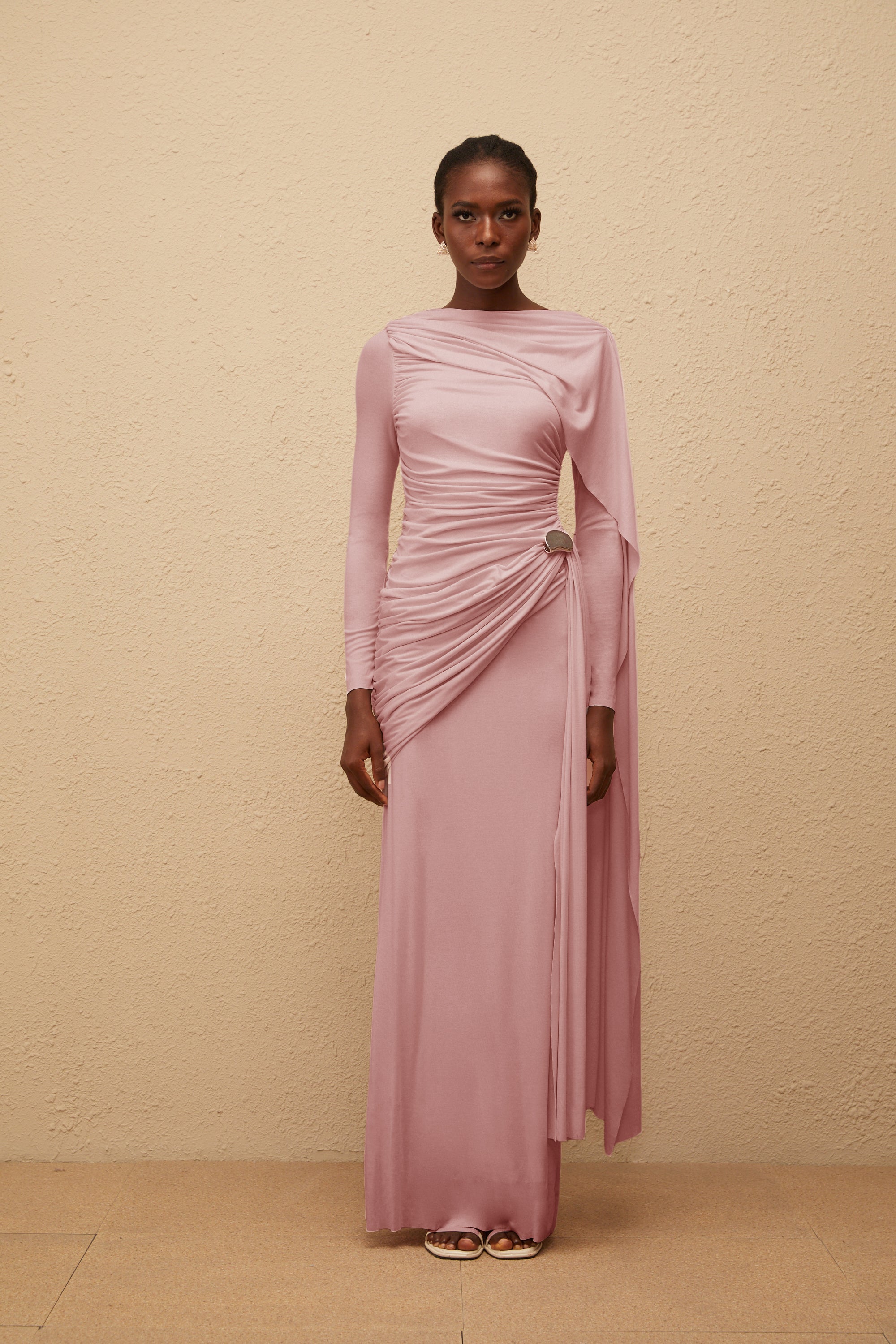 Paloma Pink Asymmetrical Ruched Knit Maxi Dress
