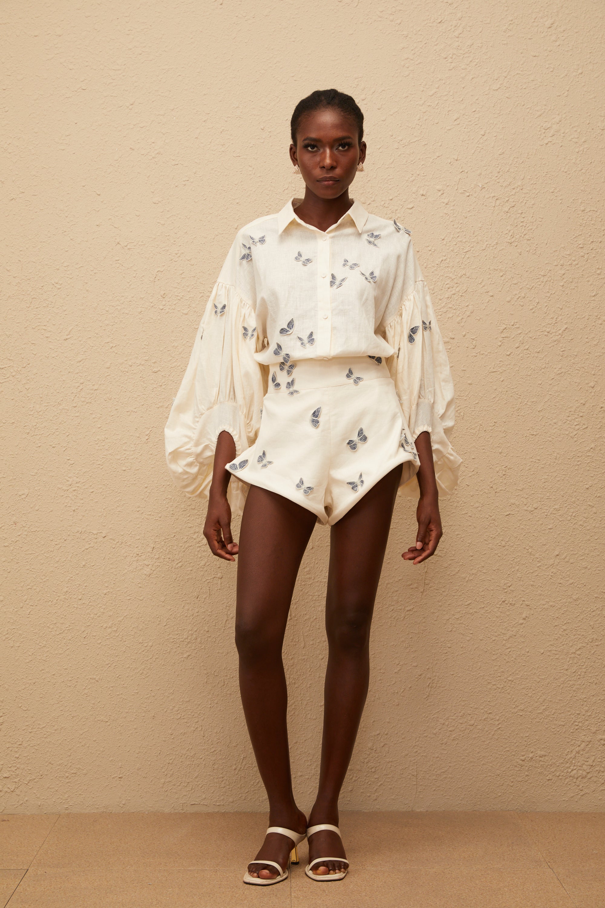 Ophélie White Butterfly Embroidered Shirt & Shorts Set