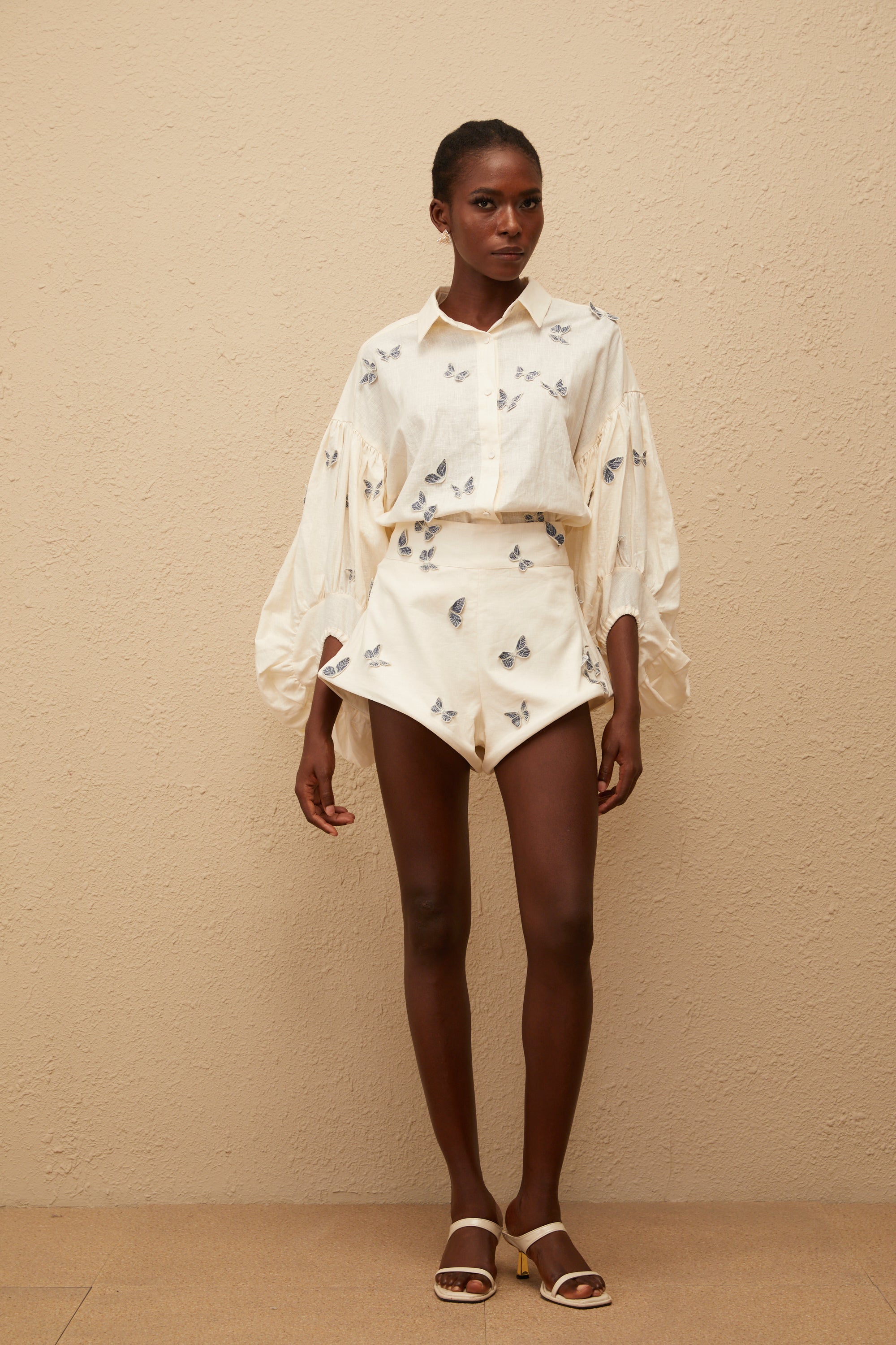 Ophélie White Butterfly Embroidered Shirt & Shorts Set