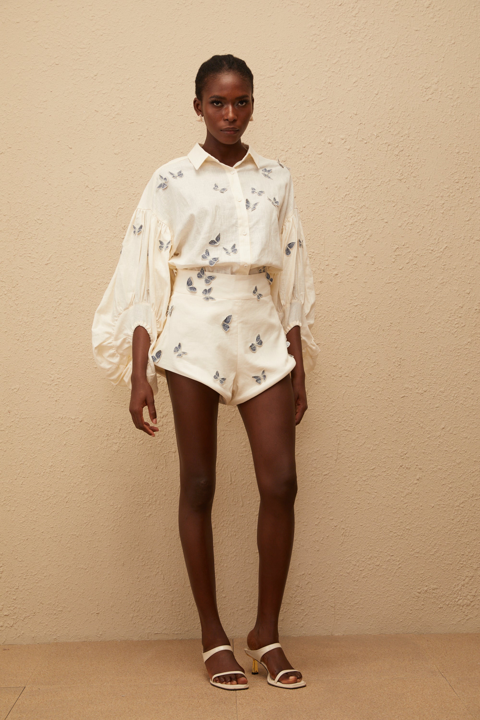 Ophélie White Butterfly Embroidered Shirt & Shorts Set
