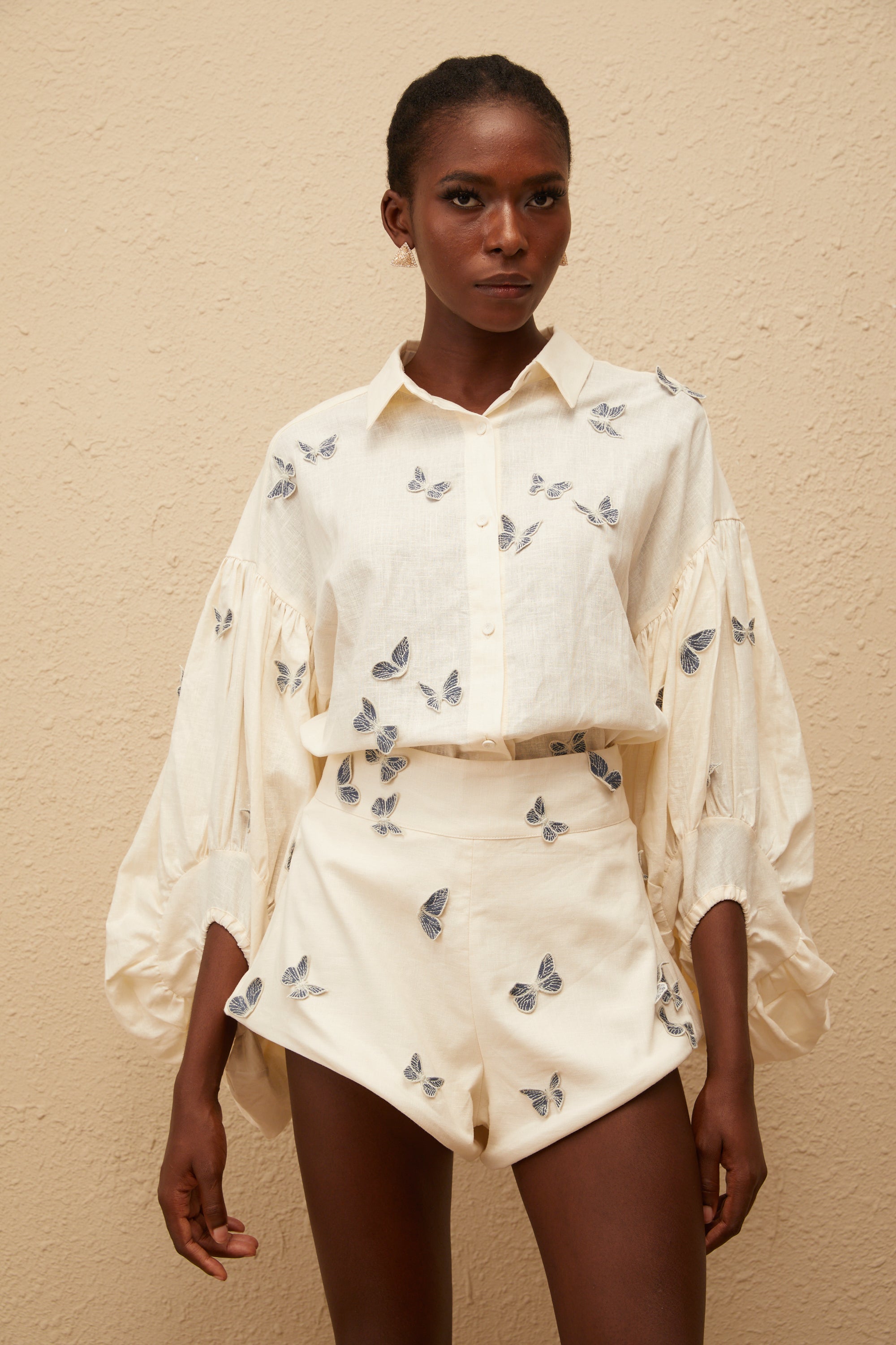 Ophélie White Butterfly Embroidered Shirt & Shorts Set