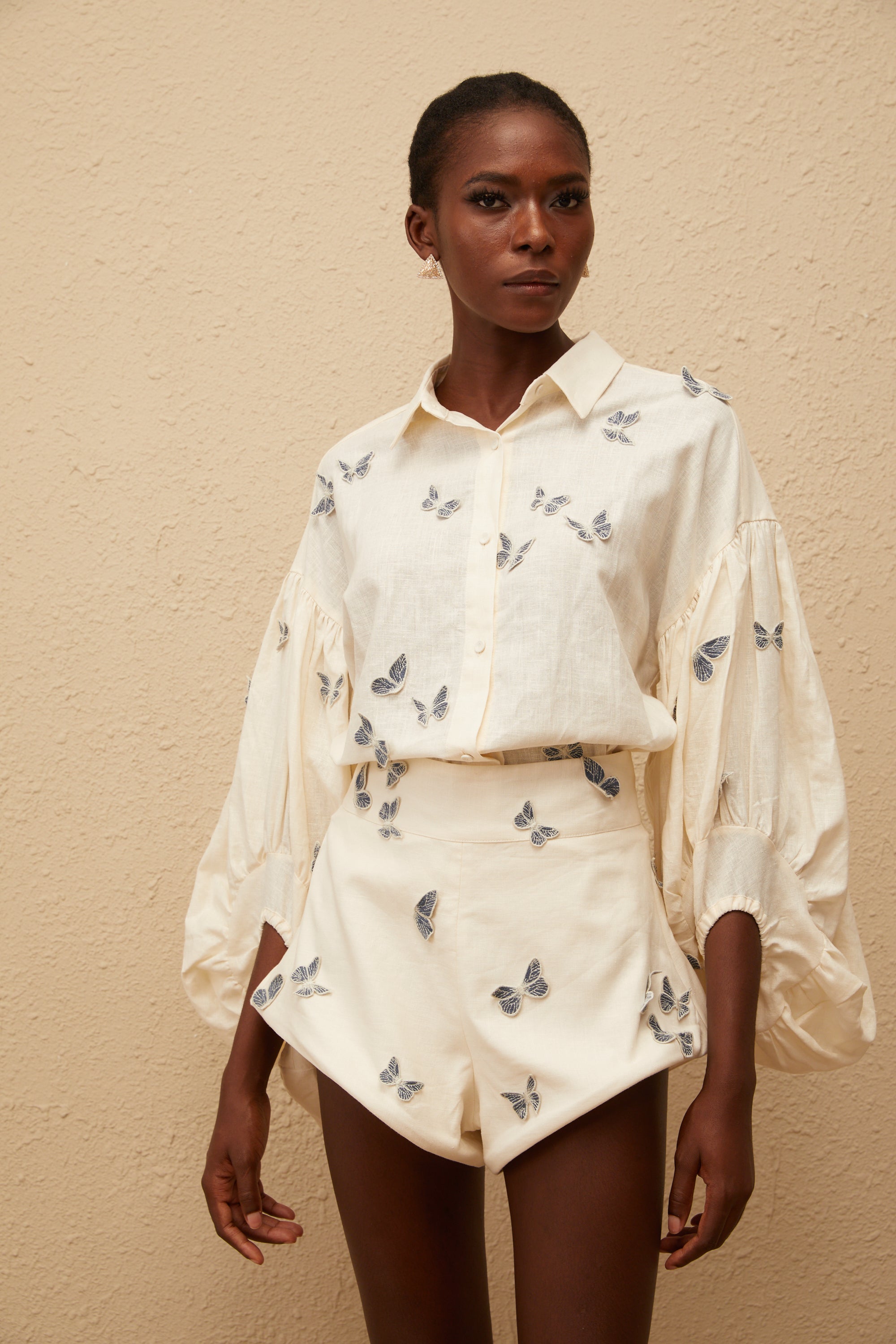 Ophélie White Butterfly Embroidered Shirt & Shorts Set