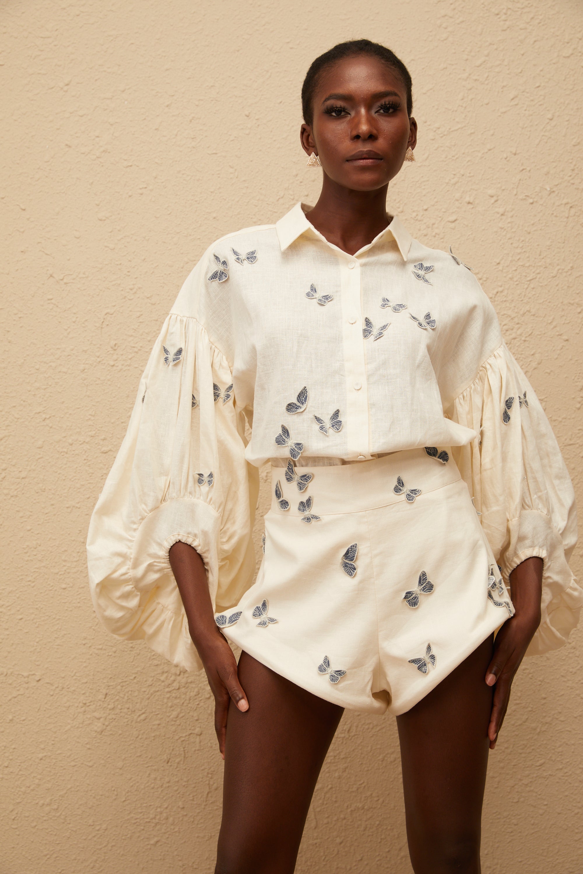 Ophélie White Butterfly Embroidered Shirt & Shorts Set