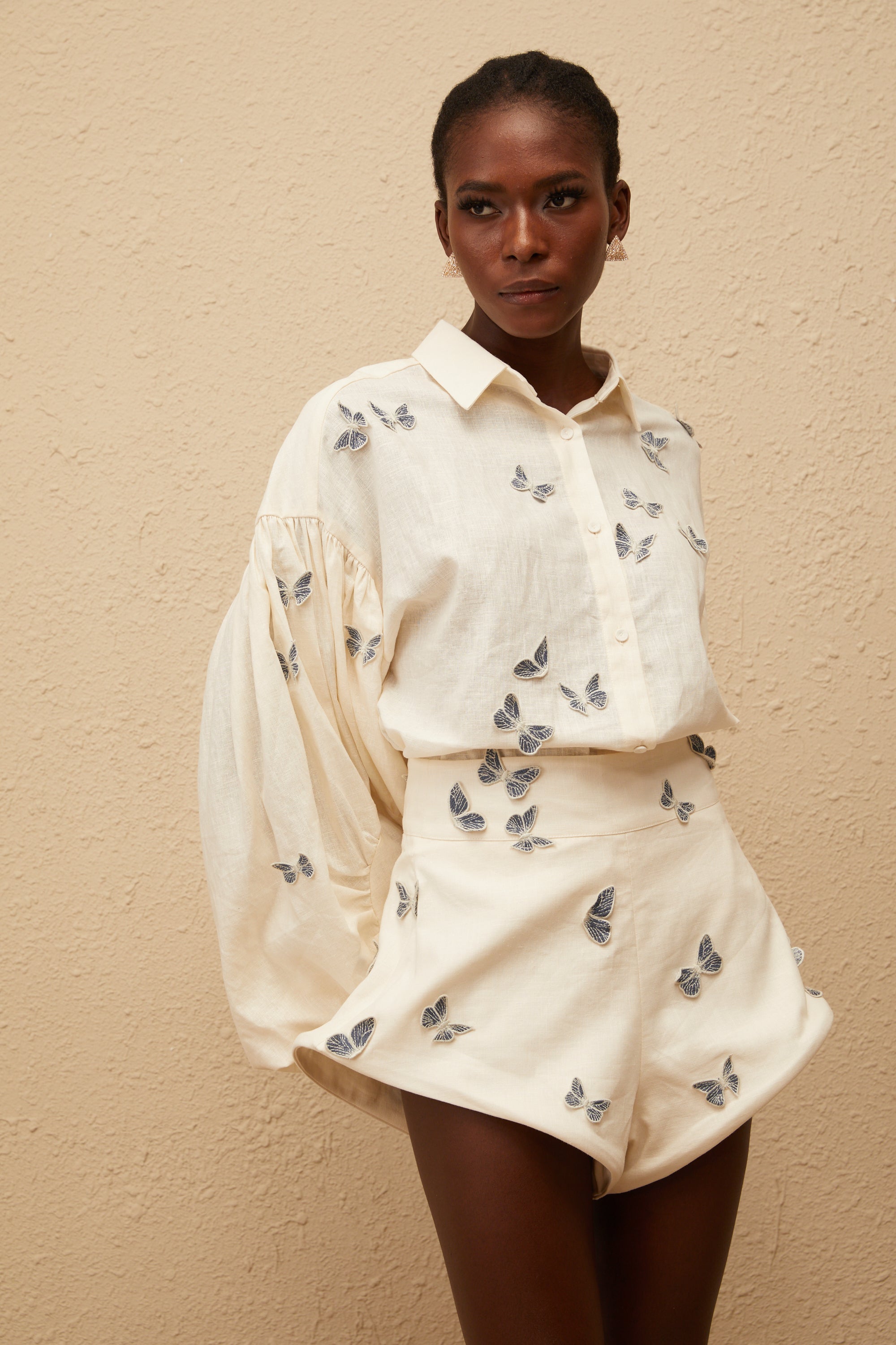 Ophélie White Butterfly Embroidered Shirt & Shorts Set