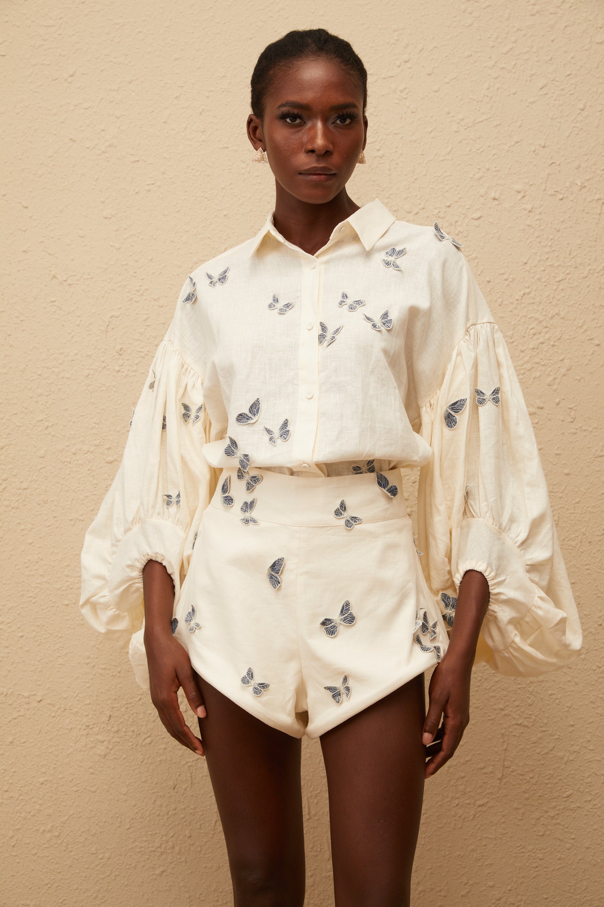 Ophélie White Butterfly Embroidered Shirt & Shorts Set