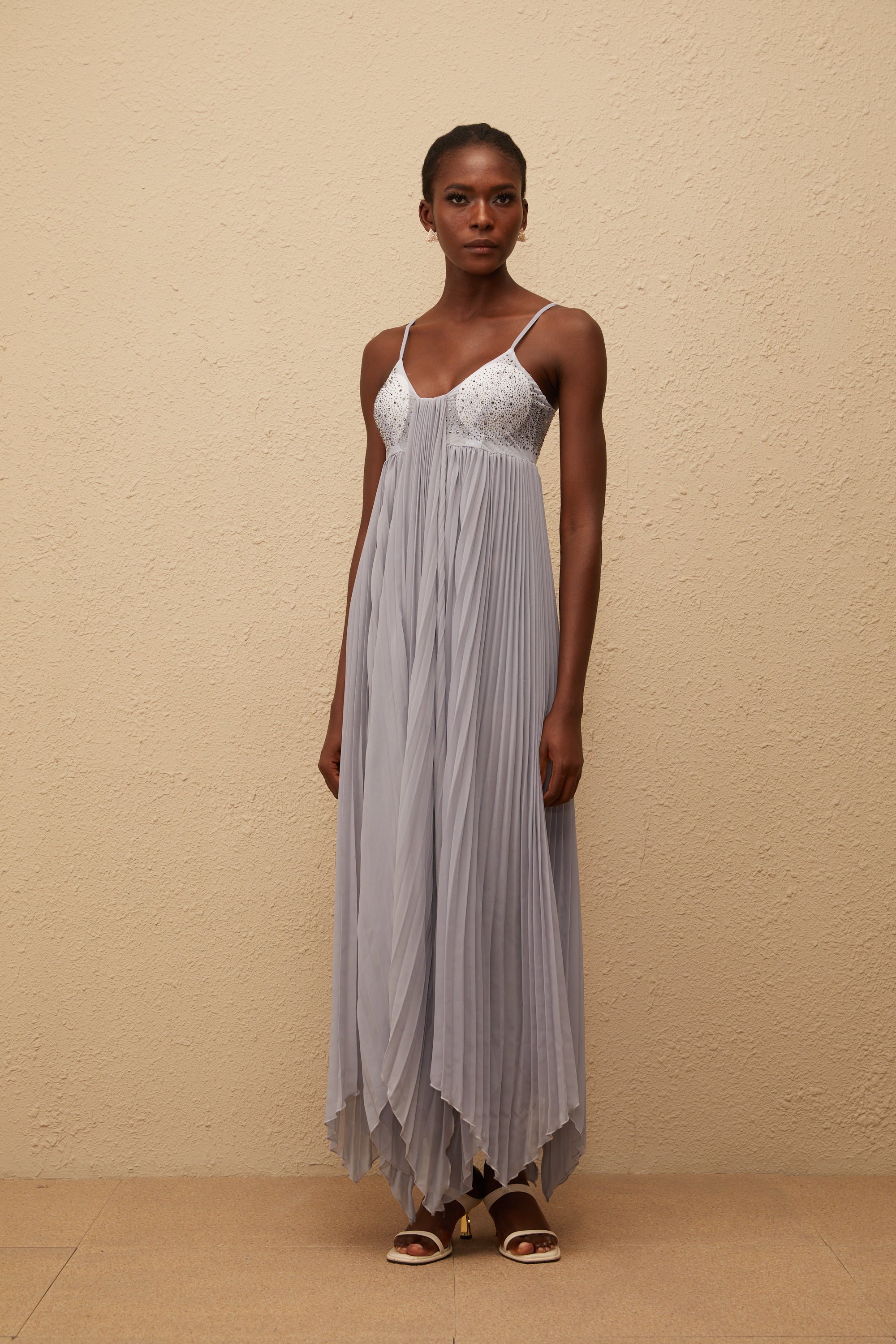 Léa Grey Rhinestone Embellished Pleated Maxi Dress