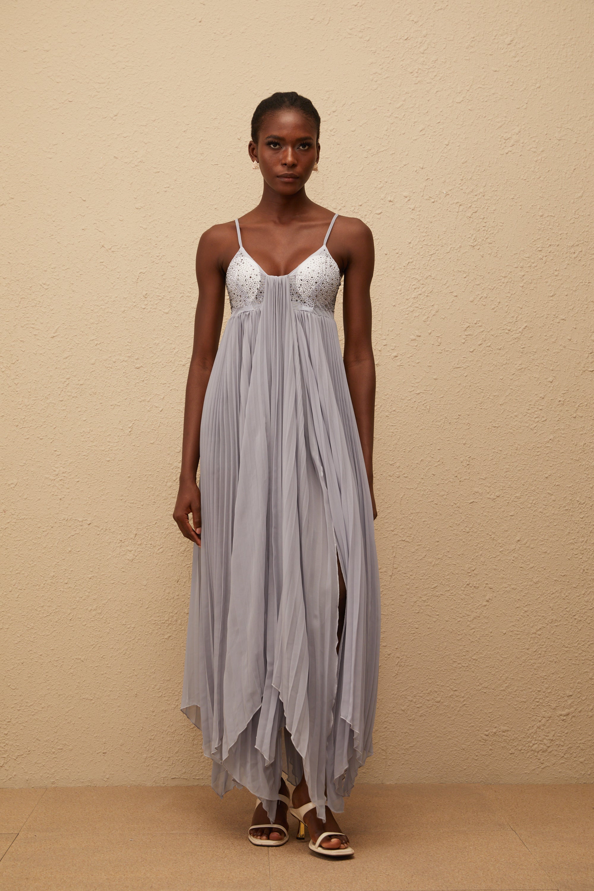 Léa Grey Rhinestone Embellished Pleated Maxi Dress