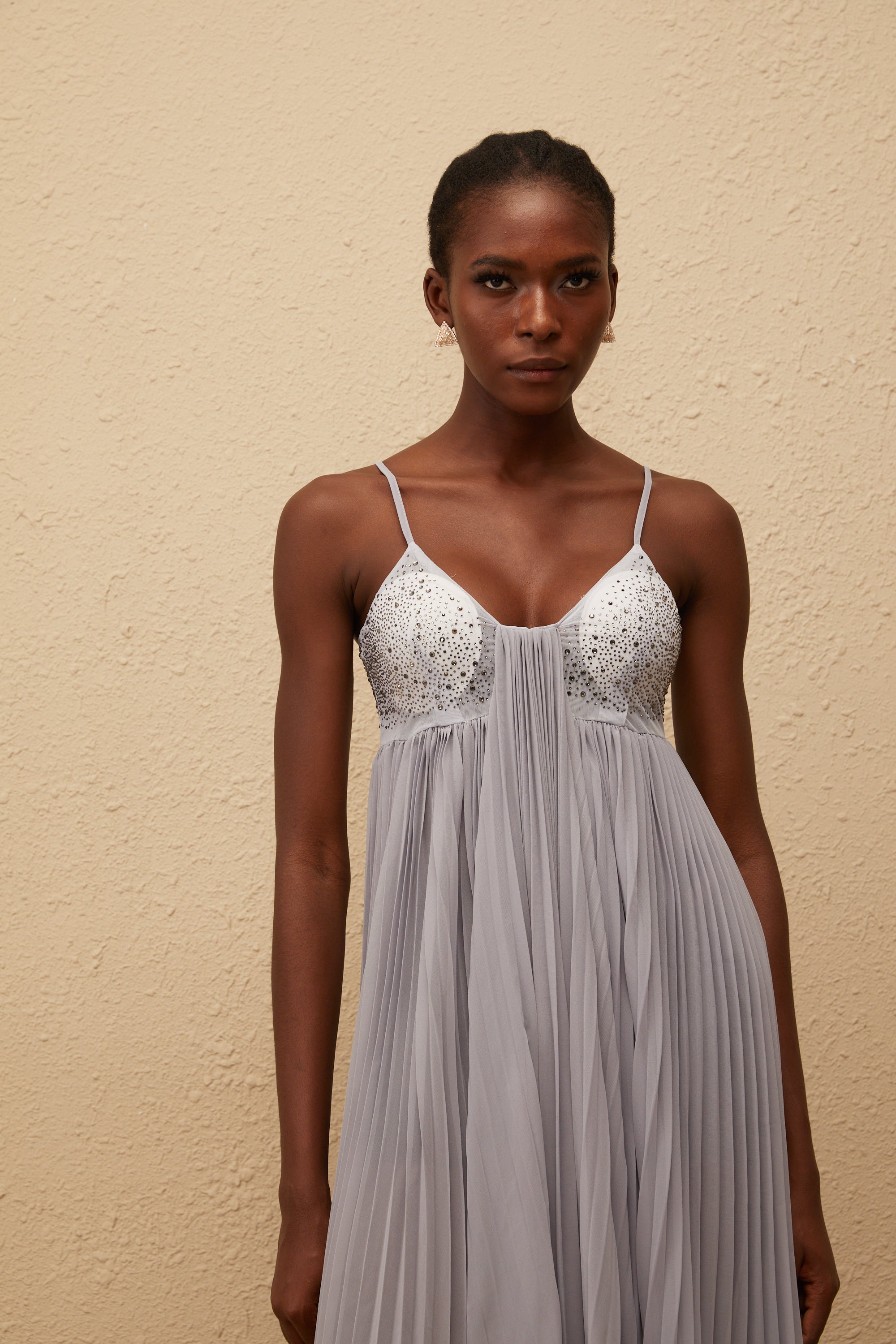Léa Grey Rhinestone Embellished Pleated Maxi Dress