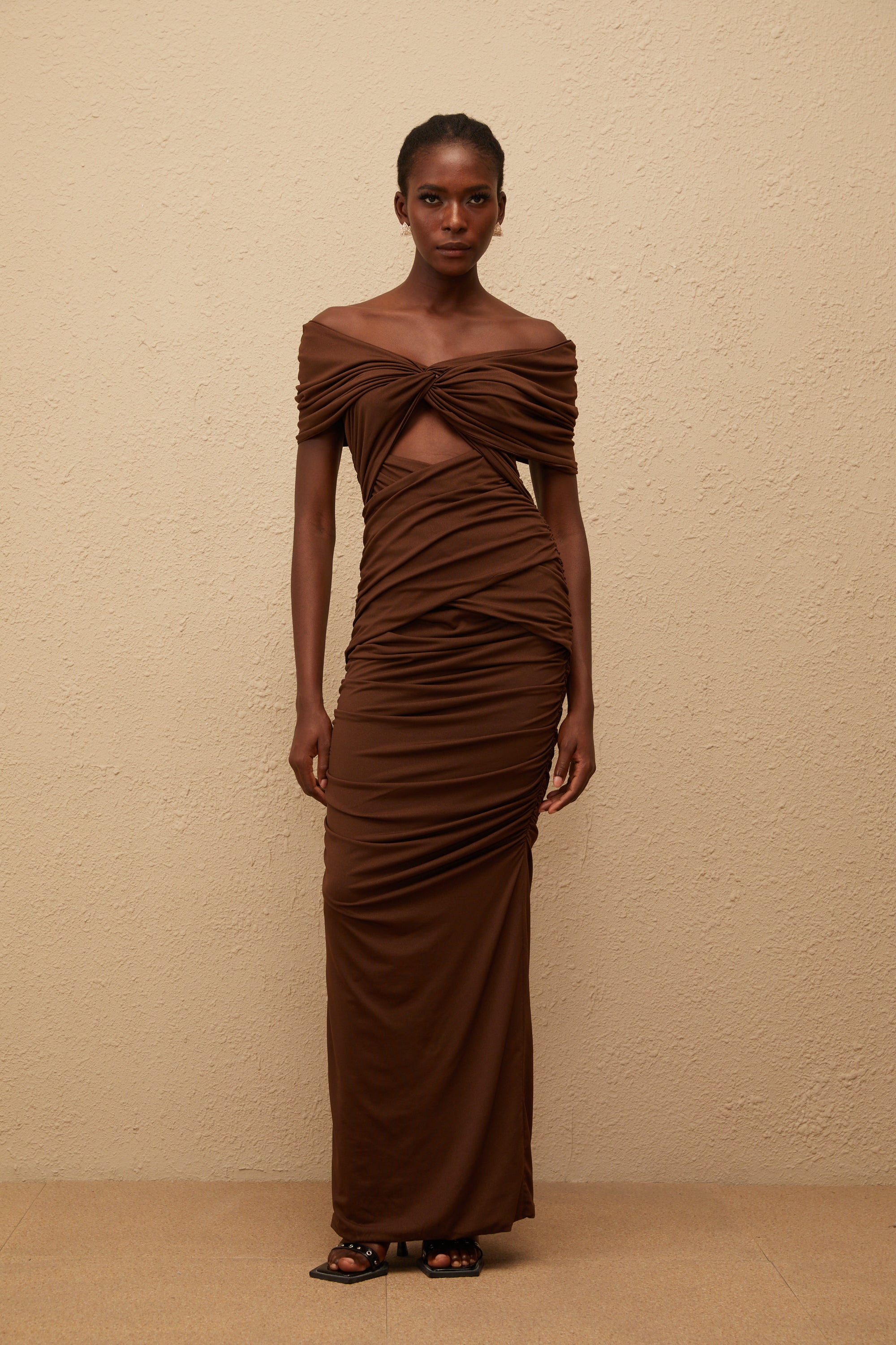 Liliane Brown Ruched Knit Maxi Dress