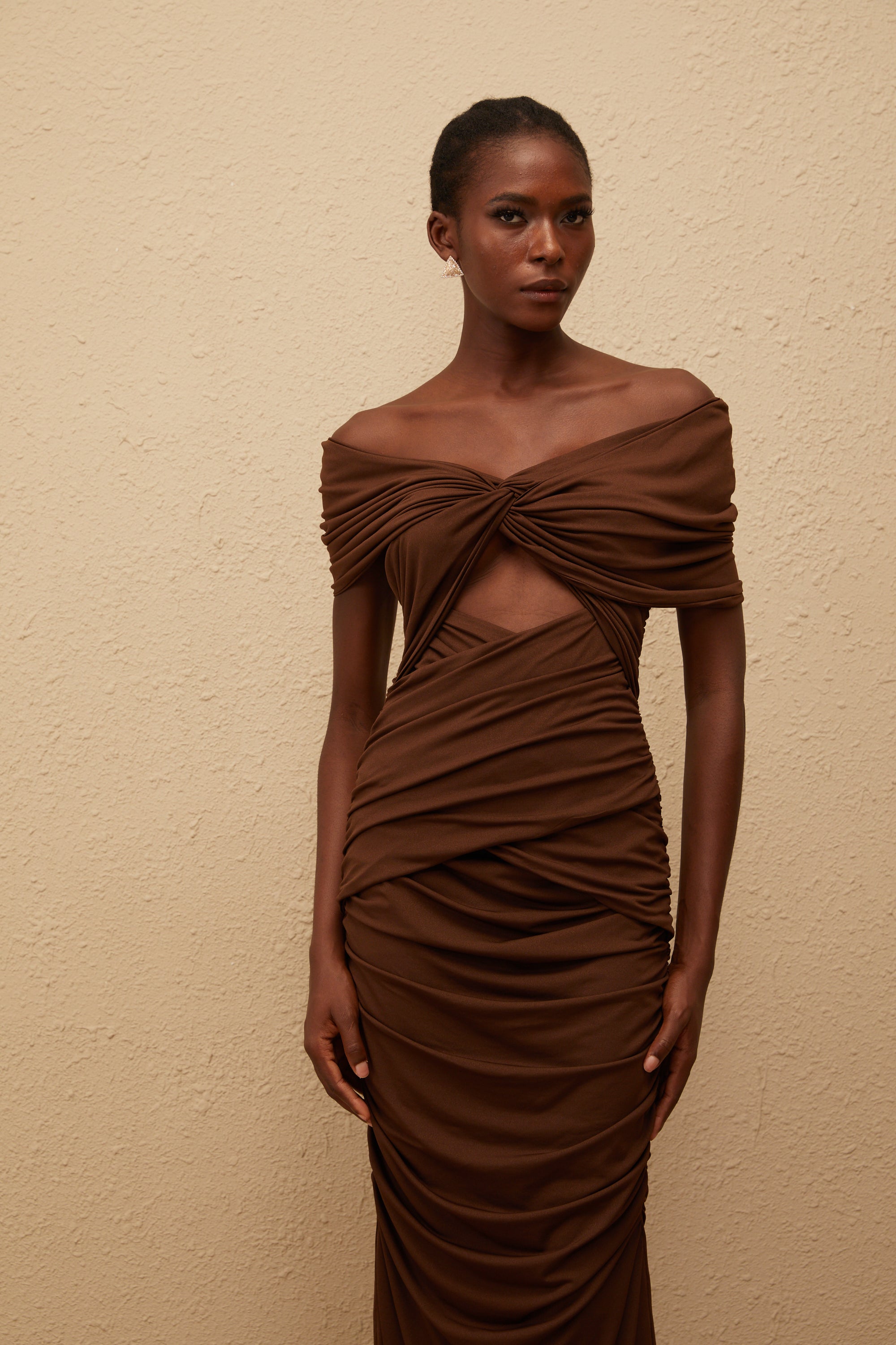 Liliane Brown Ruched Knit Maxi Dress