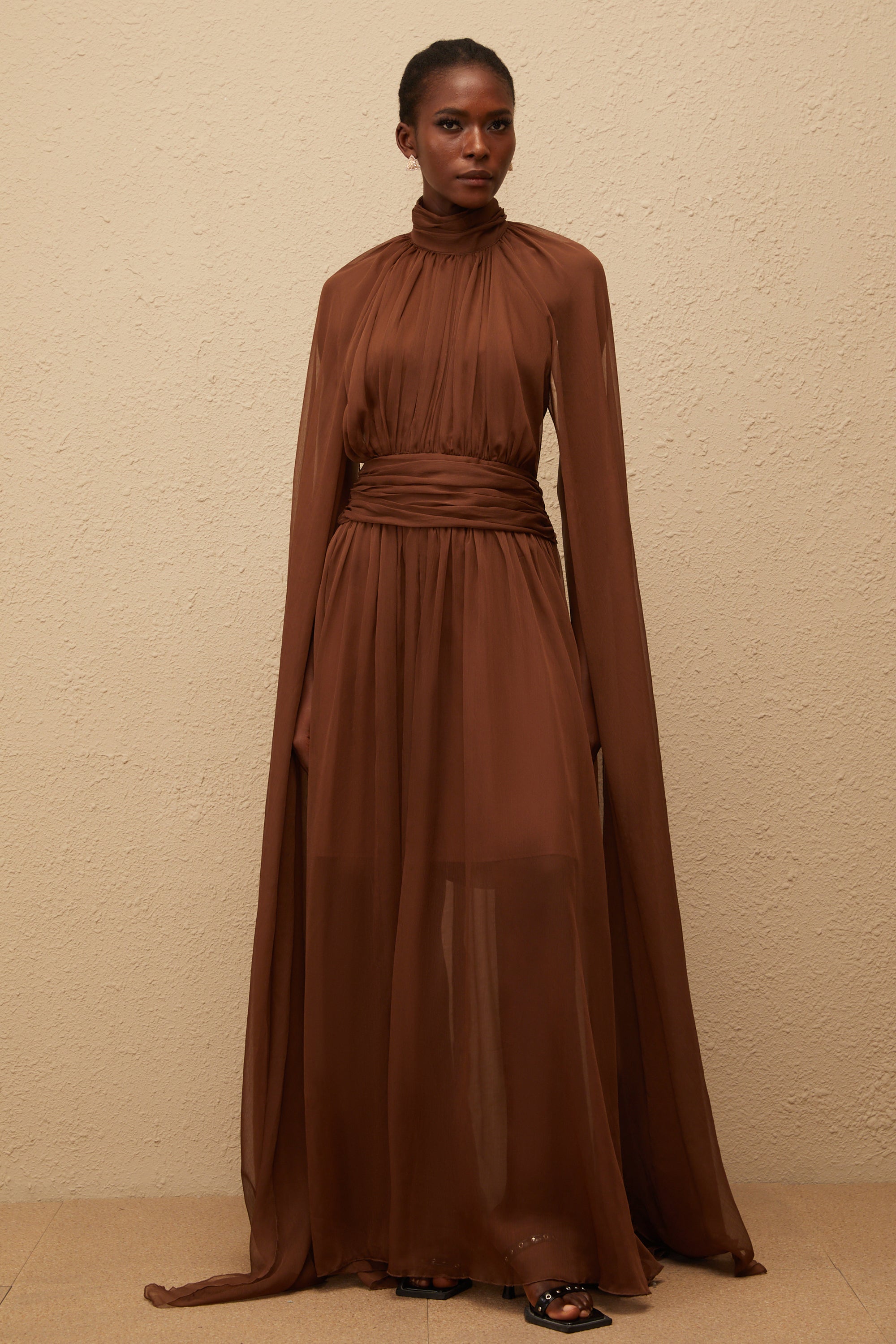 Coralie Brown Cape Design Pleated Tulle Gown