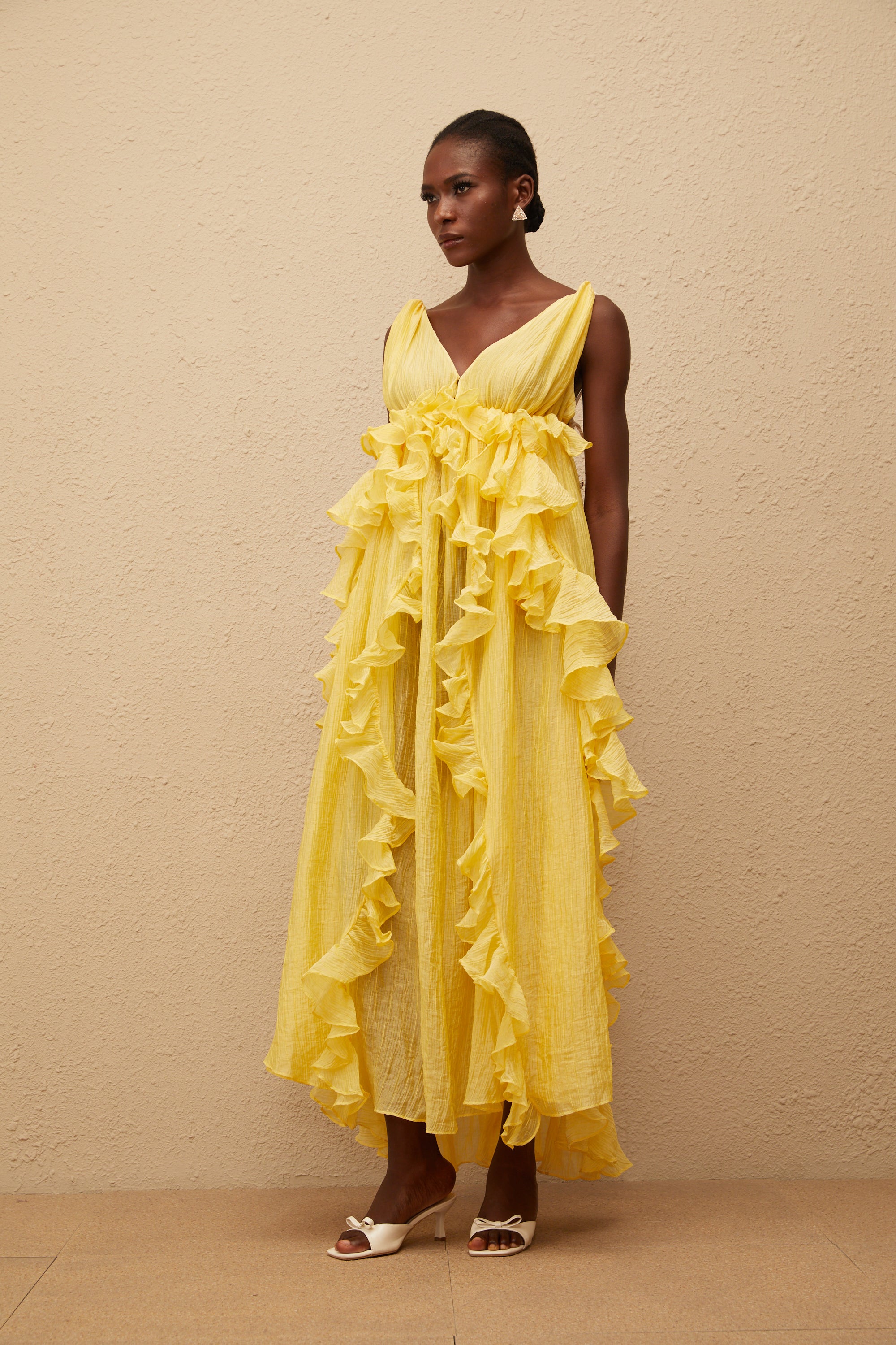 Estelle Yellow Crinkled Ruffled Maxi Dress