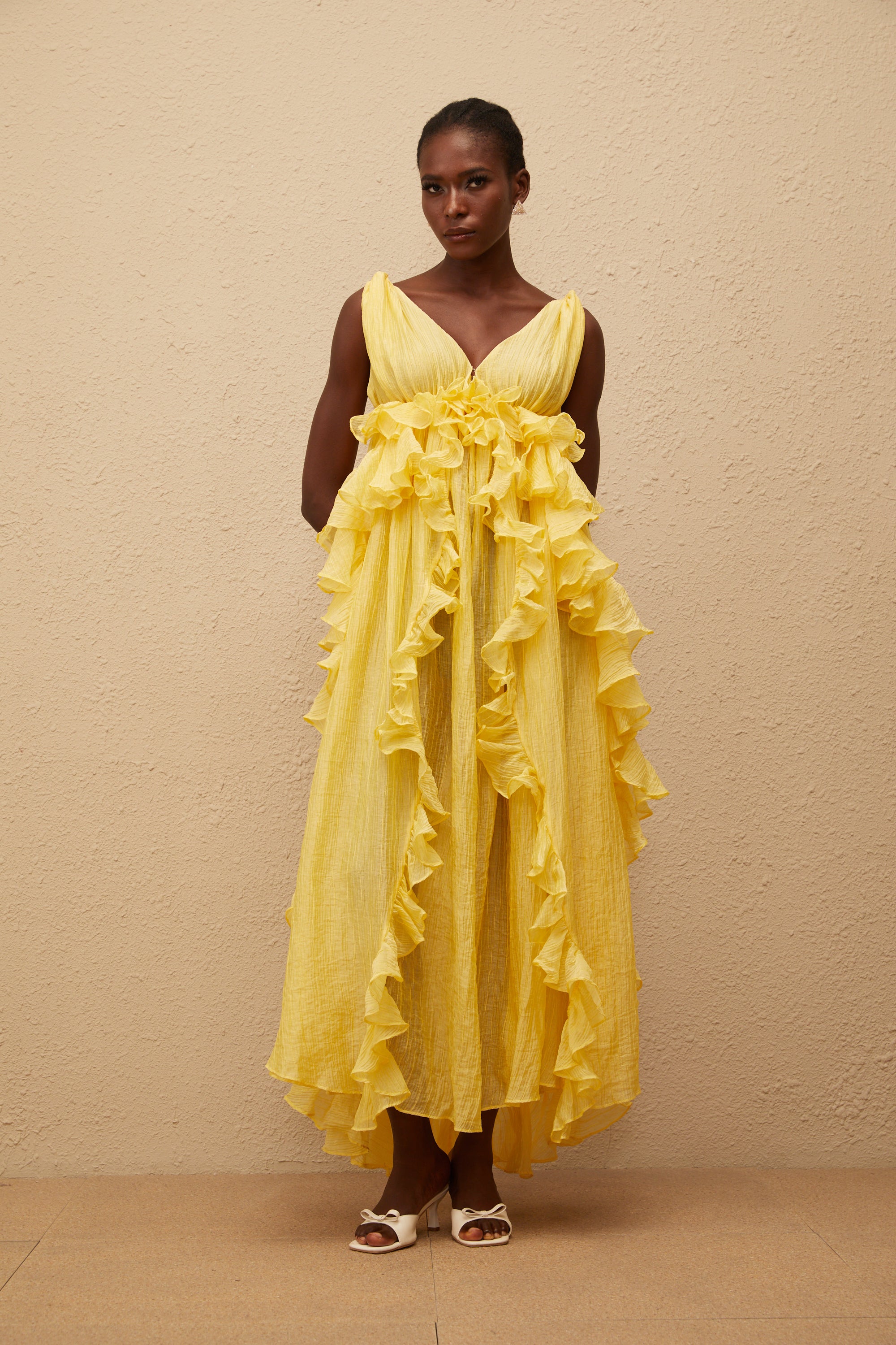 Estelle Yellow Crinkled Ruffled Maxi Dress