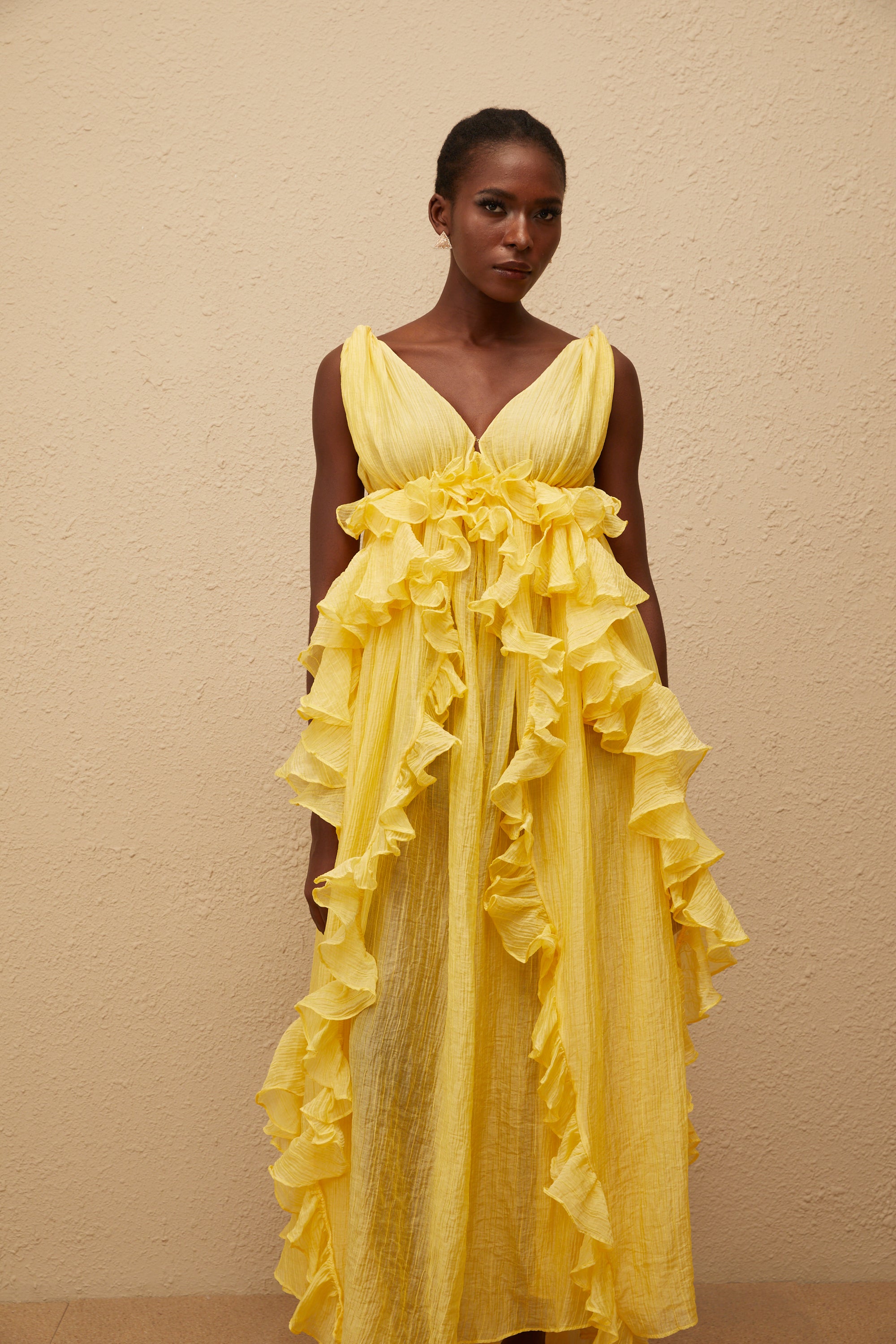 Estelle Yellow Crinkled Ruffled Maxi Dress