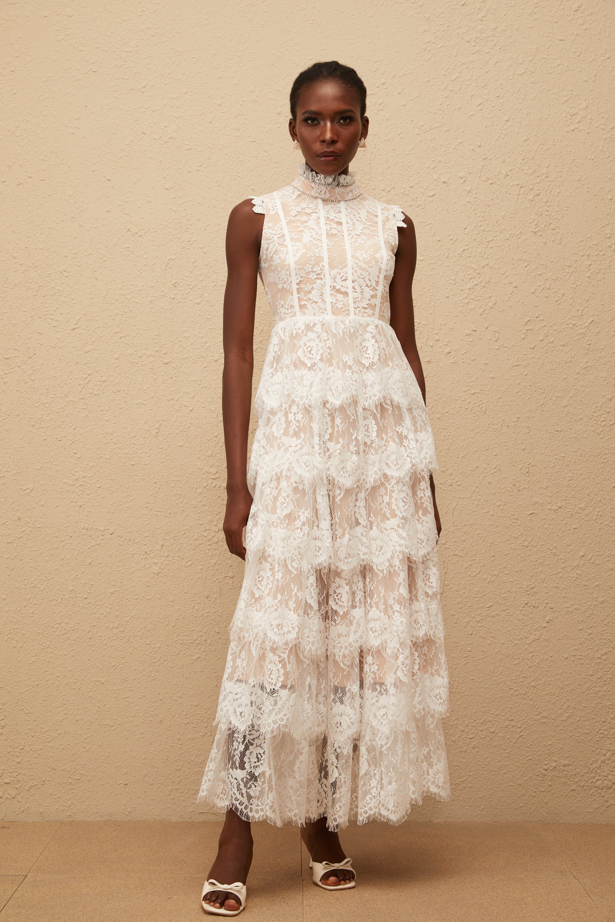 Thérèse White Embellished Floral Lace Tiered Maxi Dress