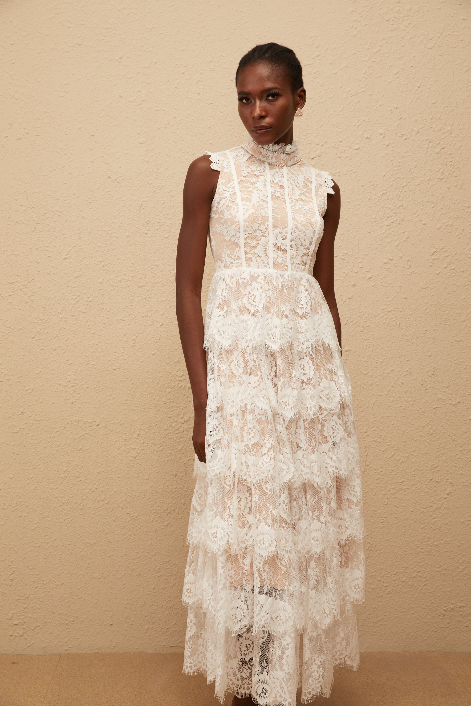 Thérèse White Embellished Floral Lace Tiered Maxi Dress