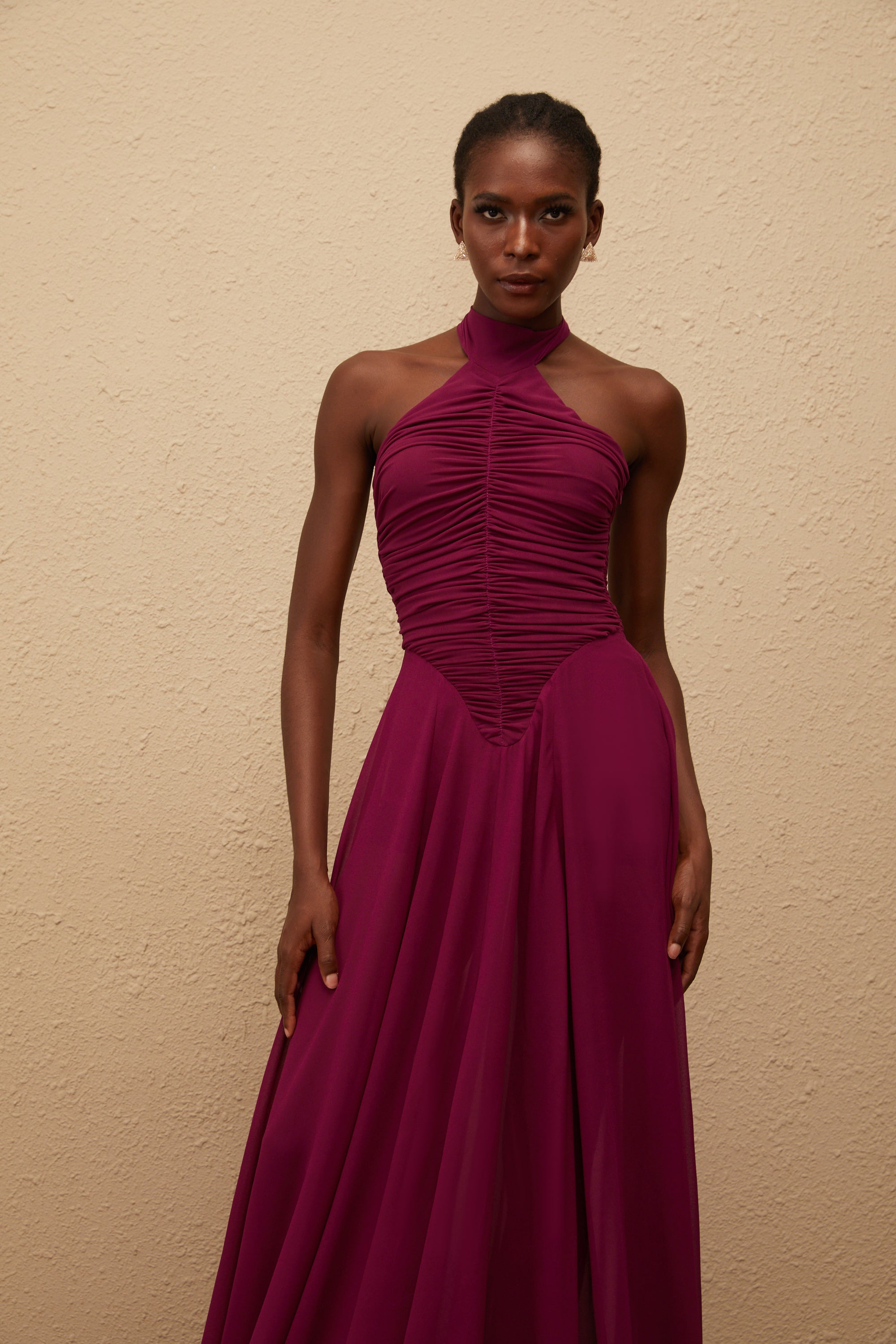 Kerstin Purple Train Design Ruched Maxi Dress