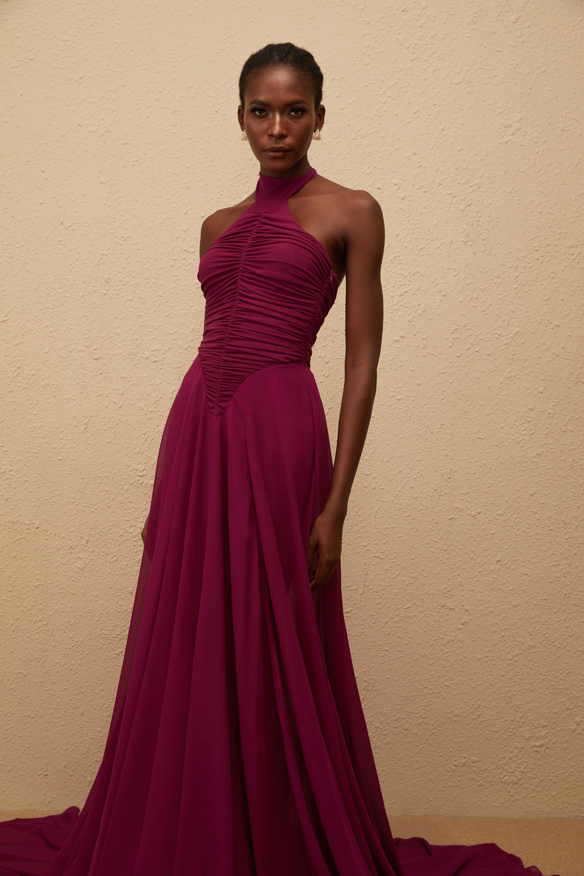 Kerstin Purple Train Design Ruched Maxi Dress