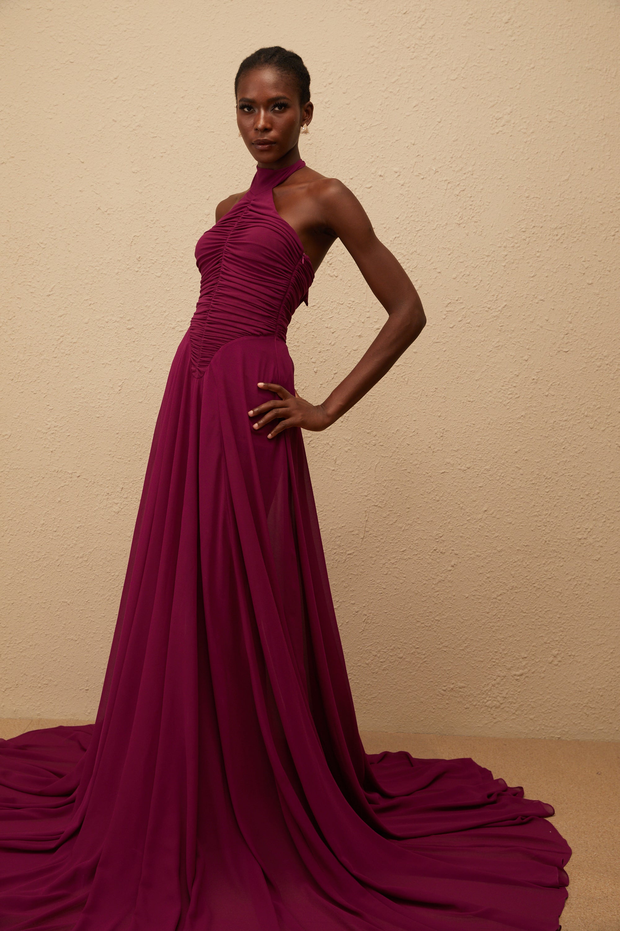 Kerstin Purple Train Design Ruched Maxi Dress