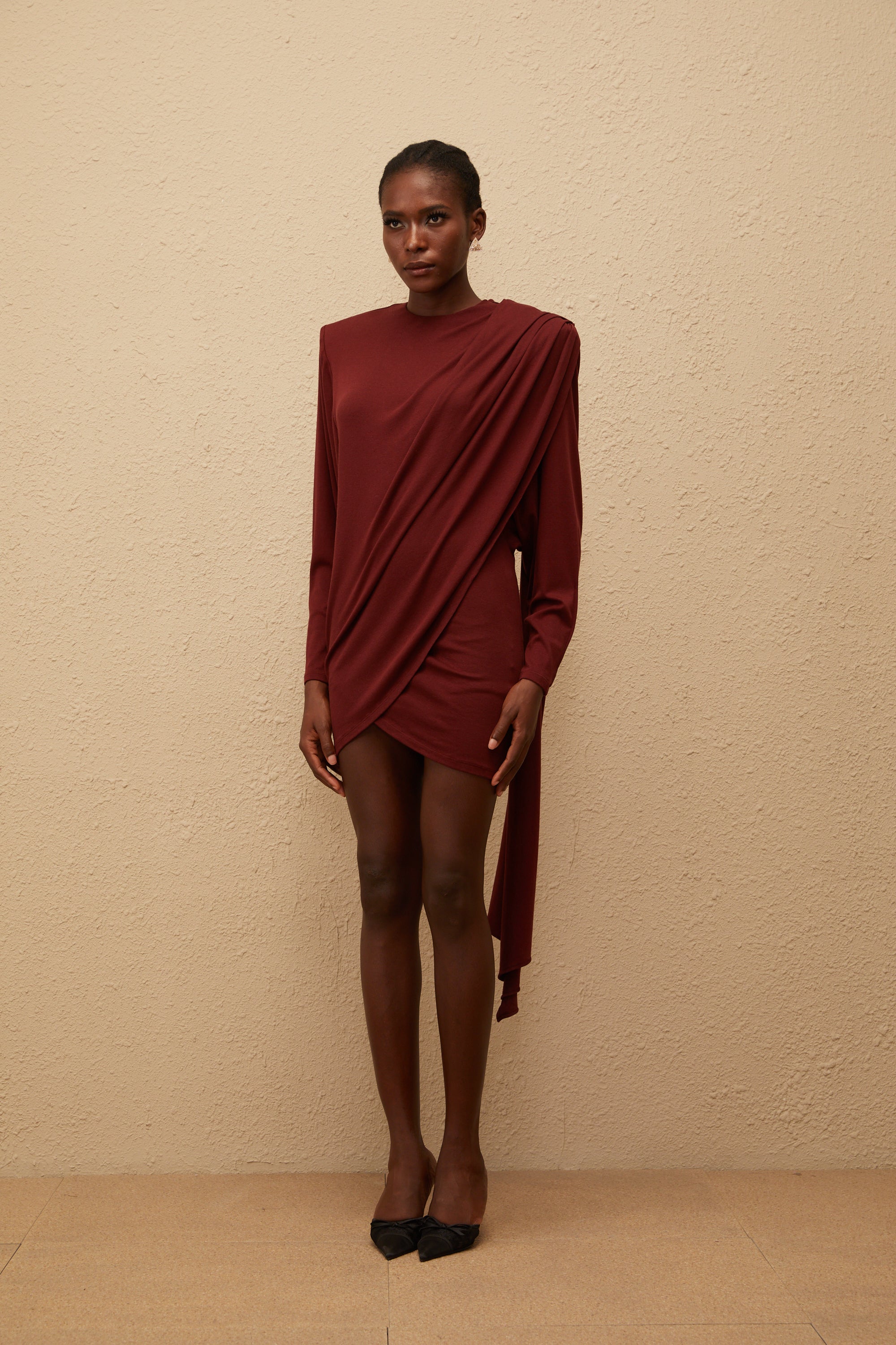 Garance Maroon Asymmetrical Knit Mini Dress
