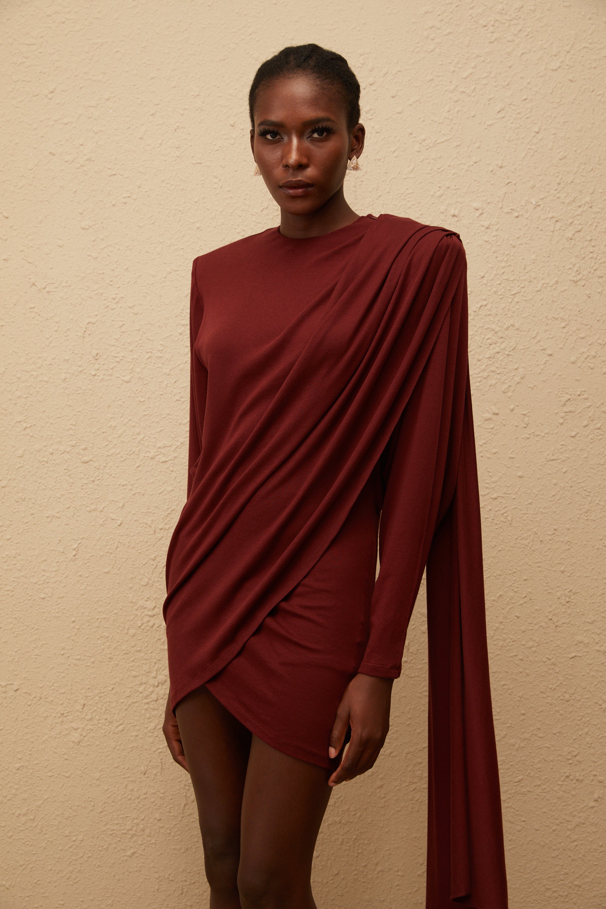 Garance Maroon Asymmetrical Knit Mini Dress