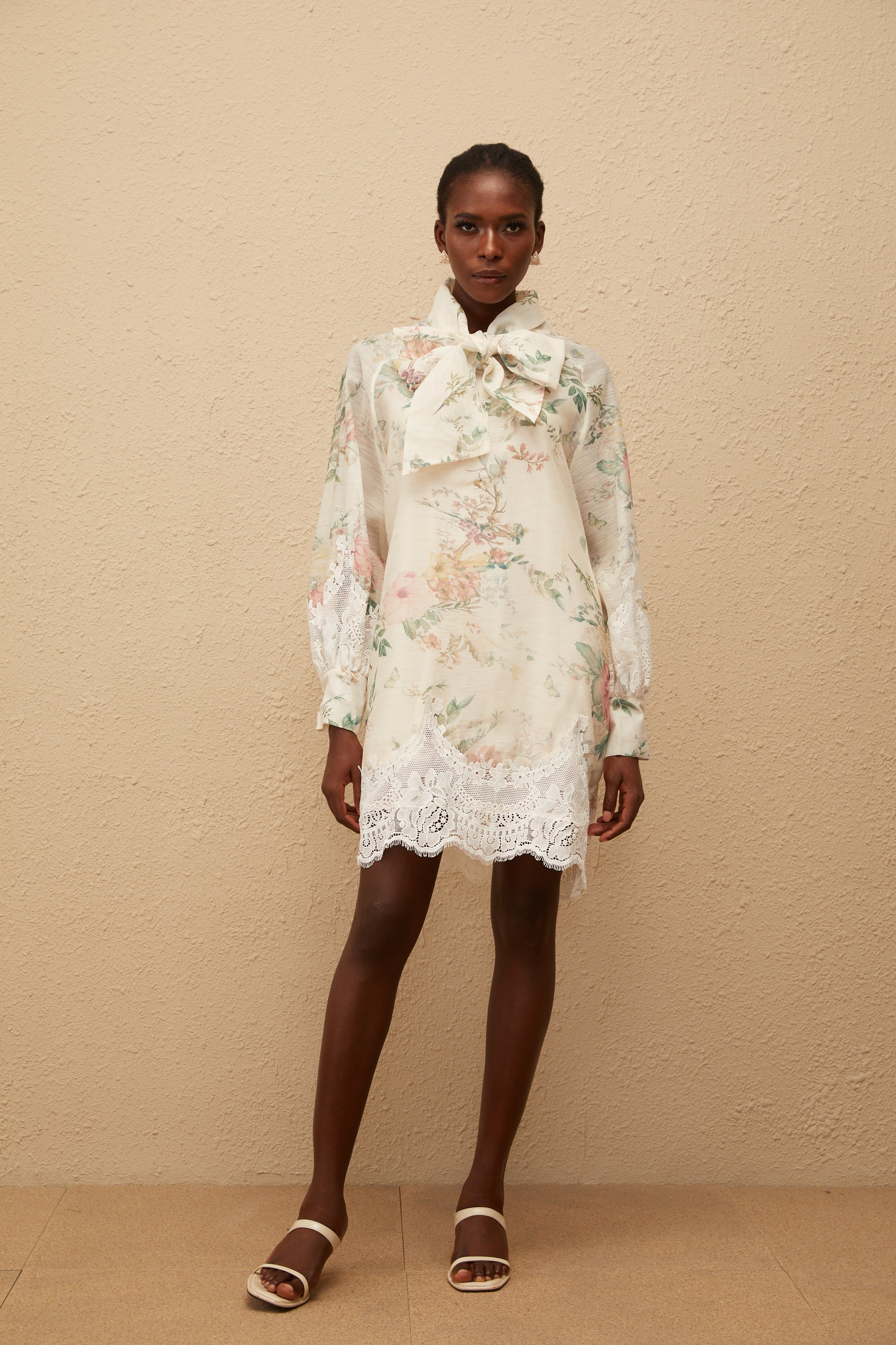 Isabelle Neutral Lace Trim Floral Mini Dress