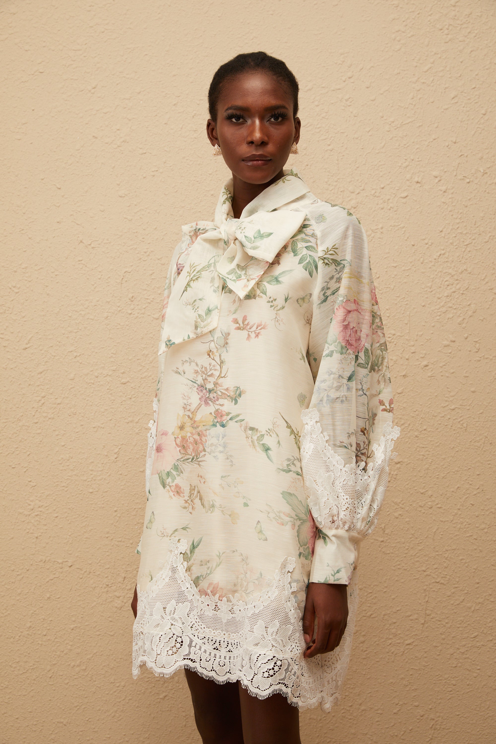 Isabelle Neutral Lace Trim Floral Mini Dress