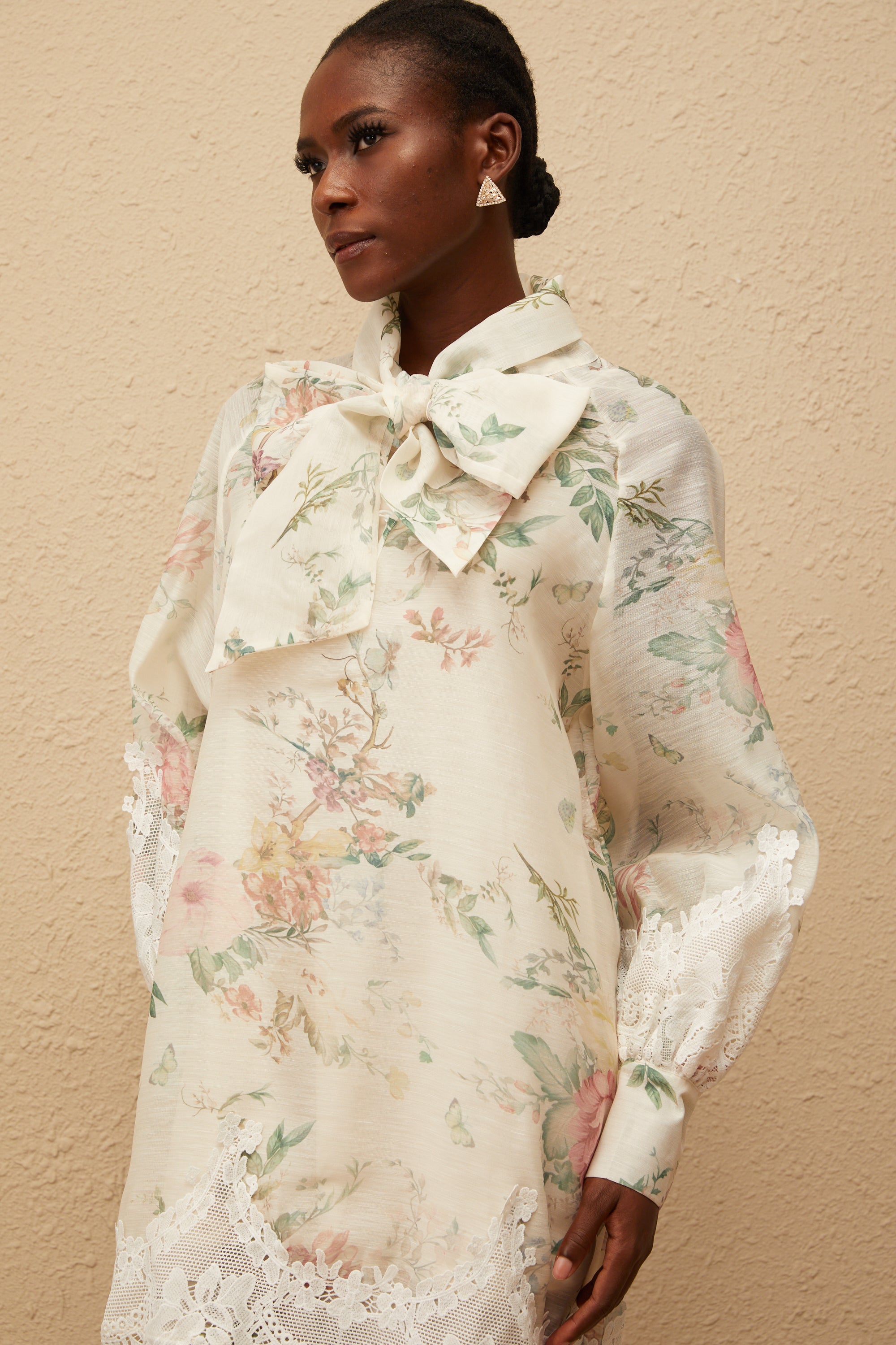 Isabelle Neutral Lace Trim Floral Mini Dress