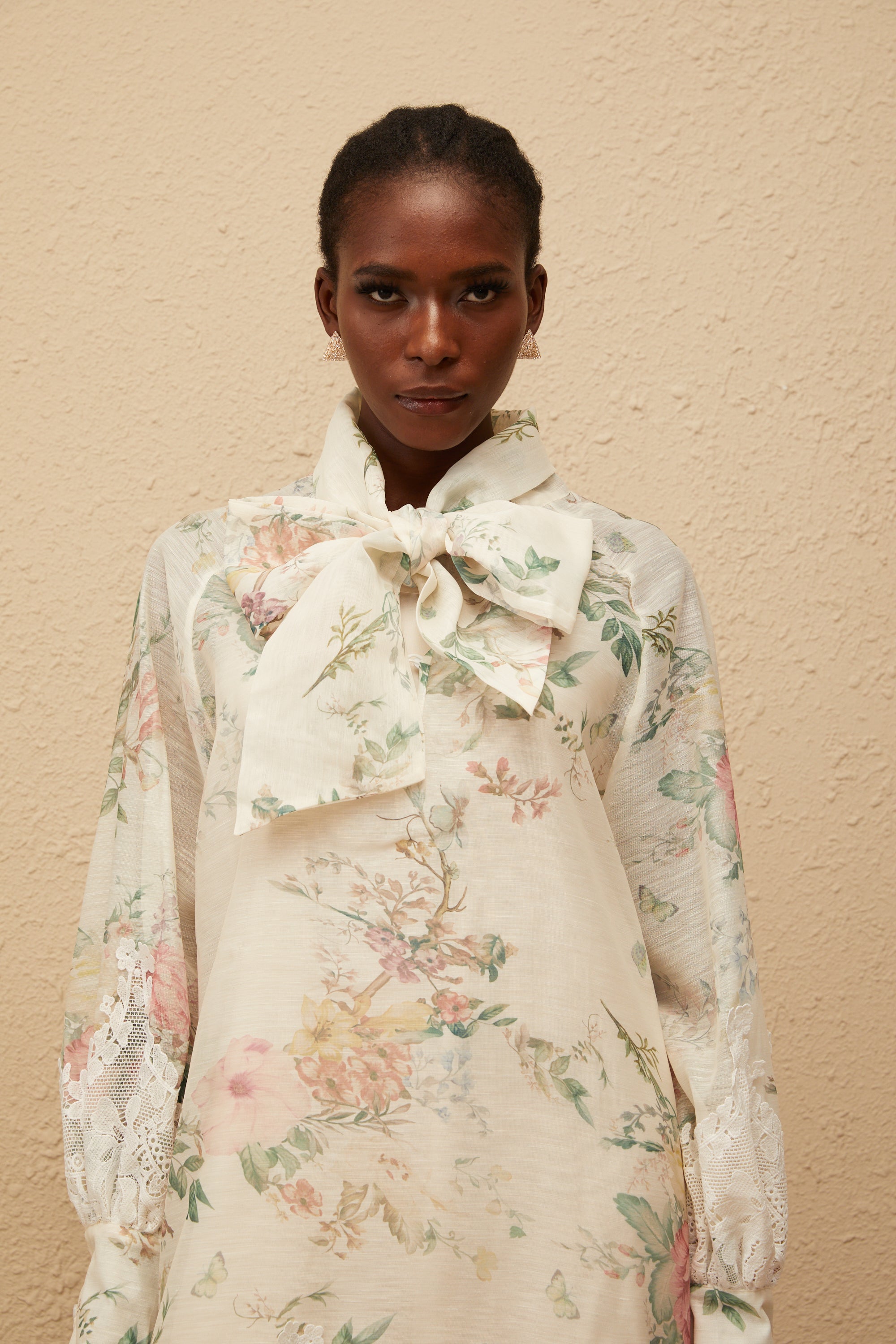 Isabelle Neutral Lace Trim Floral Mini Dress