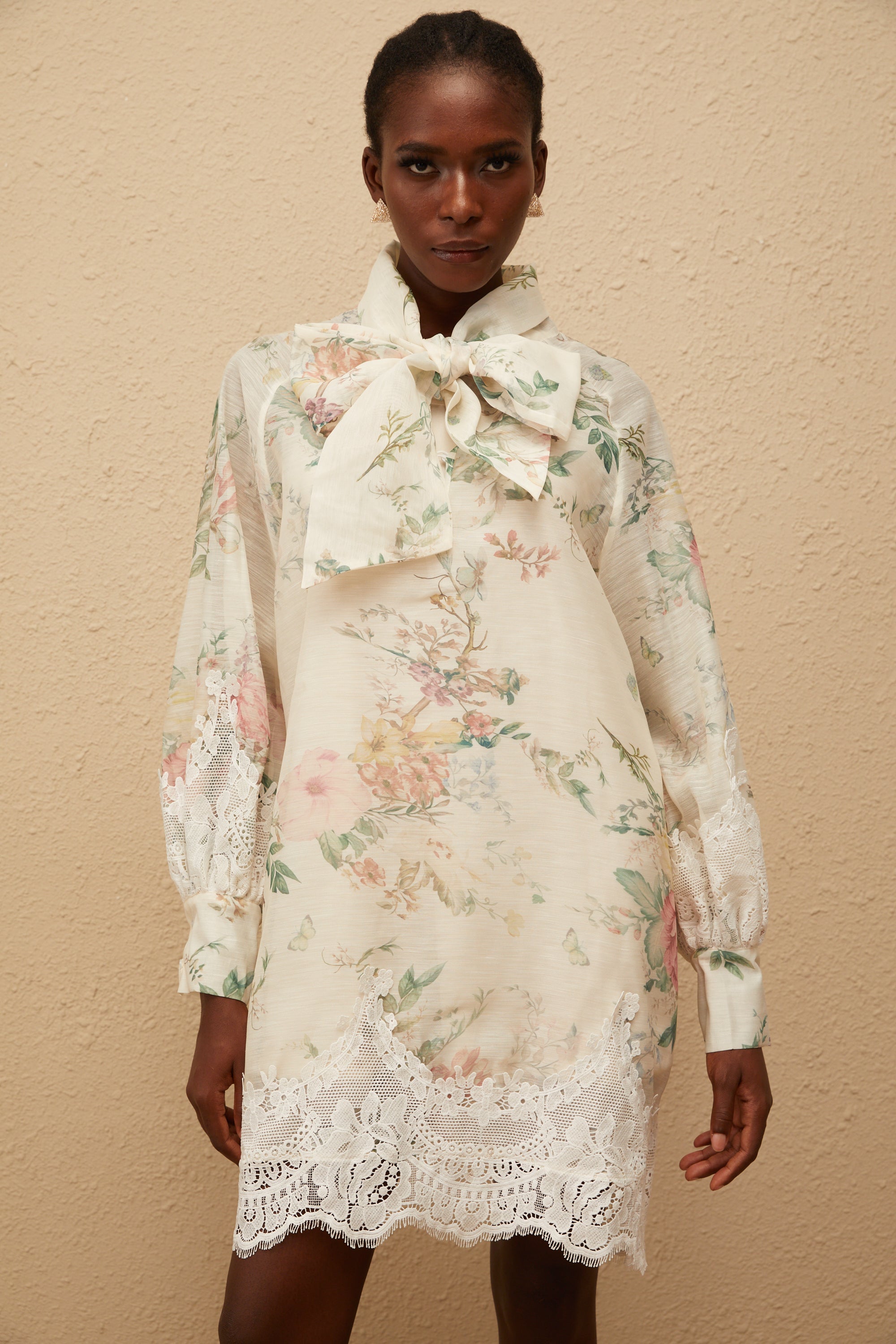 Isabelle Neutral Lace Trim Floral Mini Dress