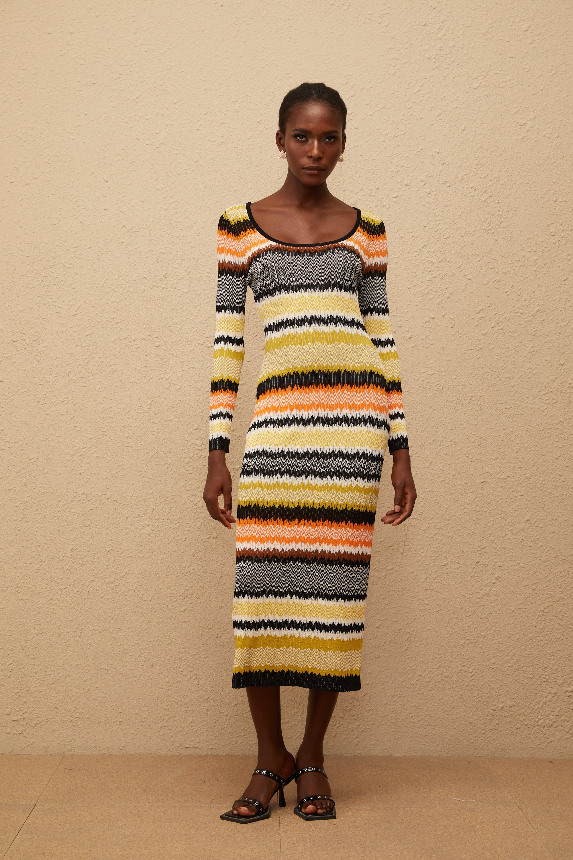 Frédérique Yellow Zigzag Woven Knit Midi Dress