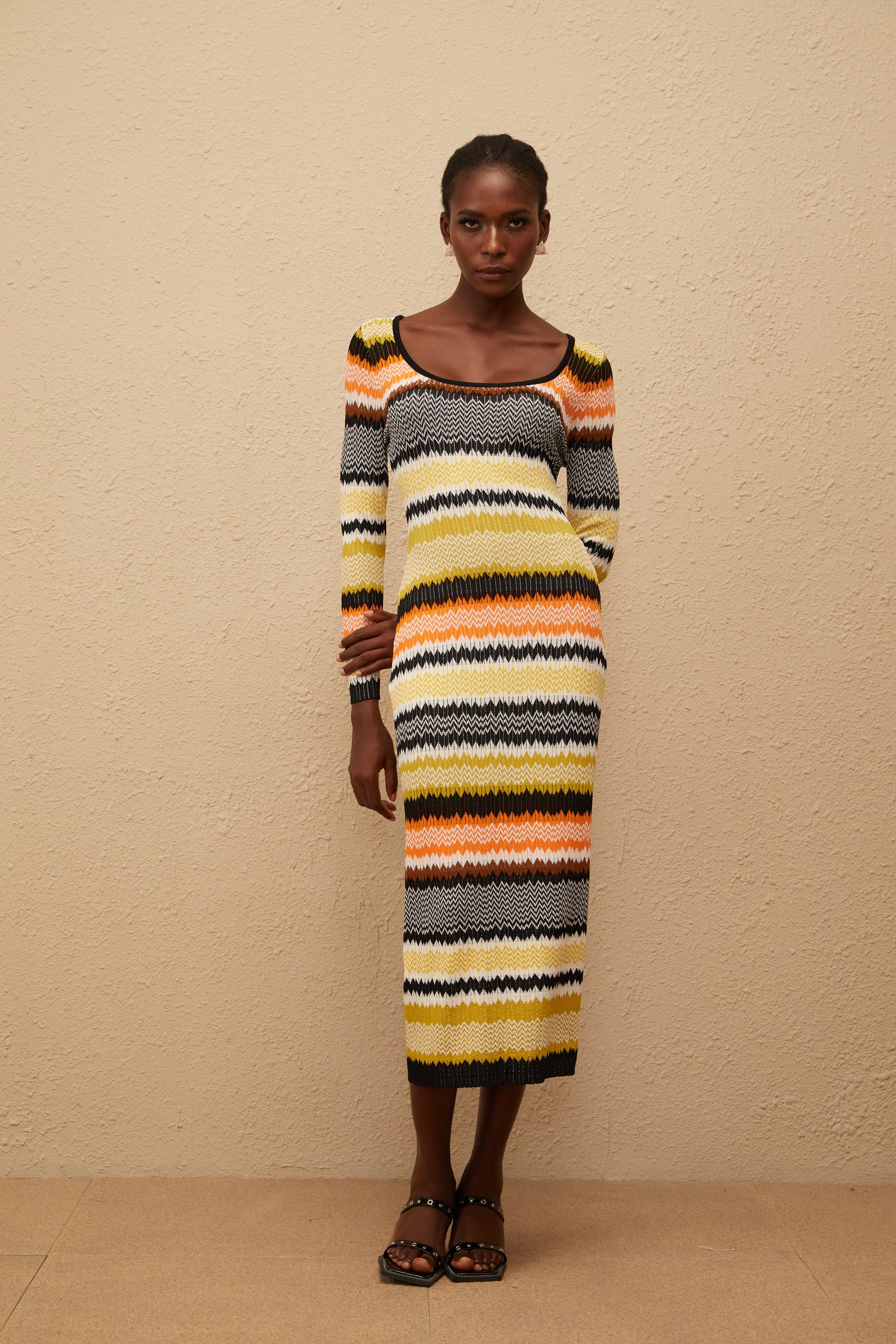 Frédérique Yellow Zigzag Woven Knit Midi Dress