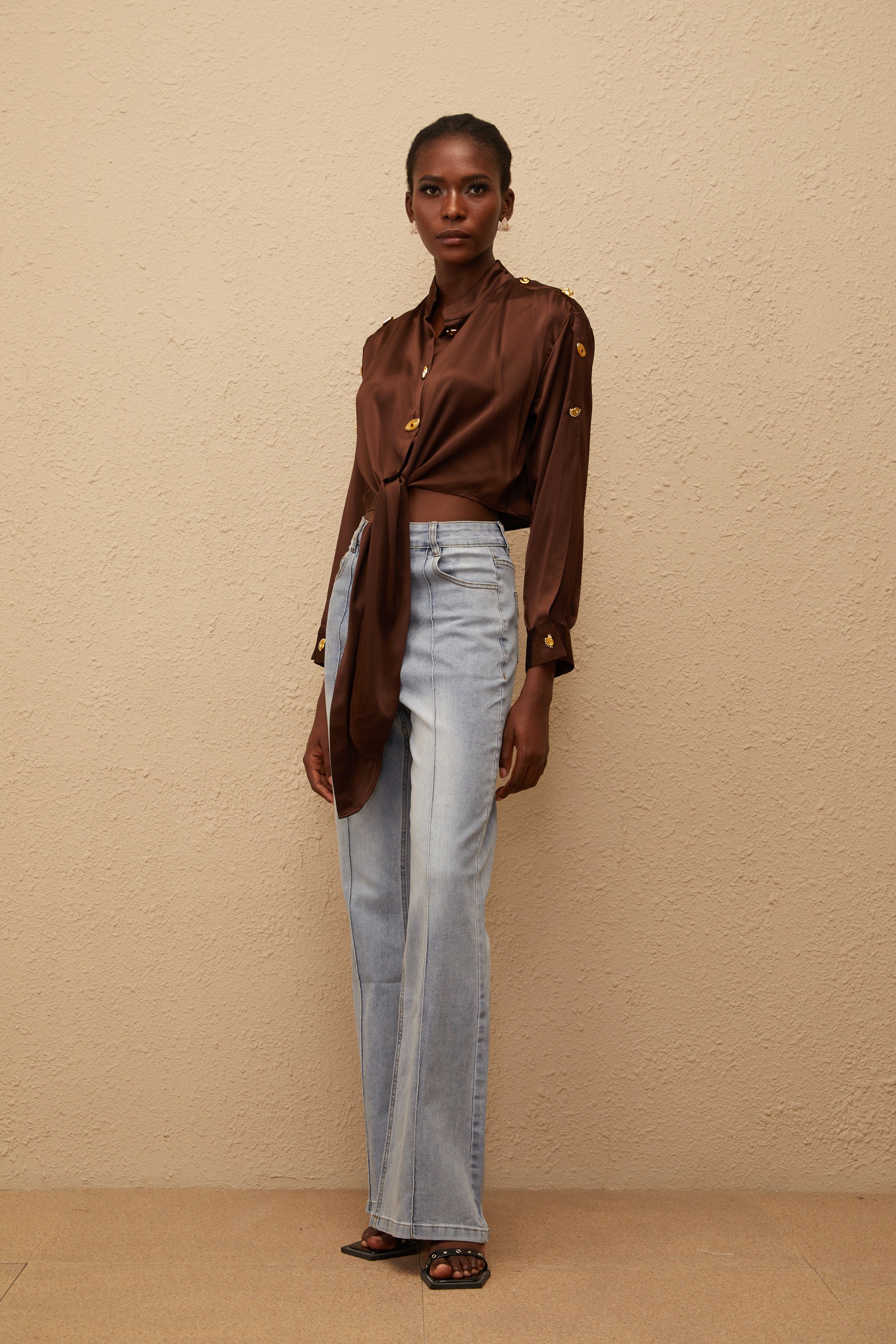 Josette Brown Satin Crop Shirt with Tie Detail