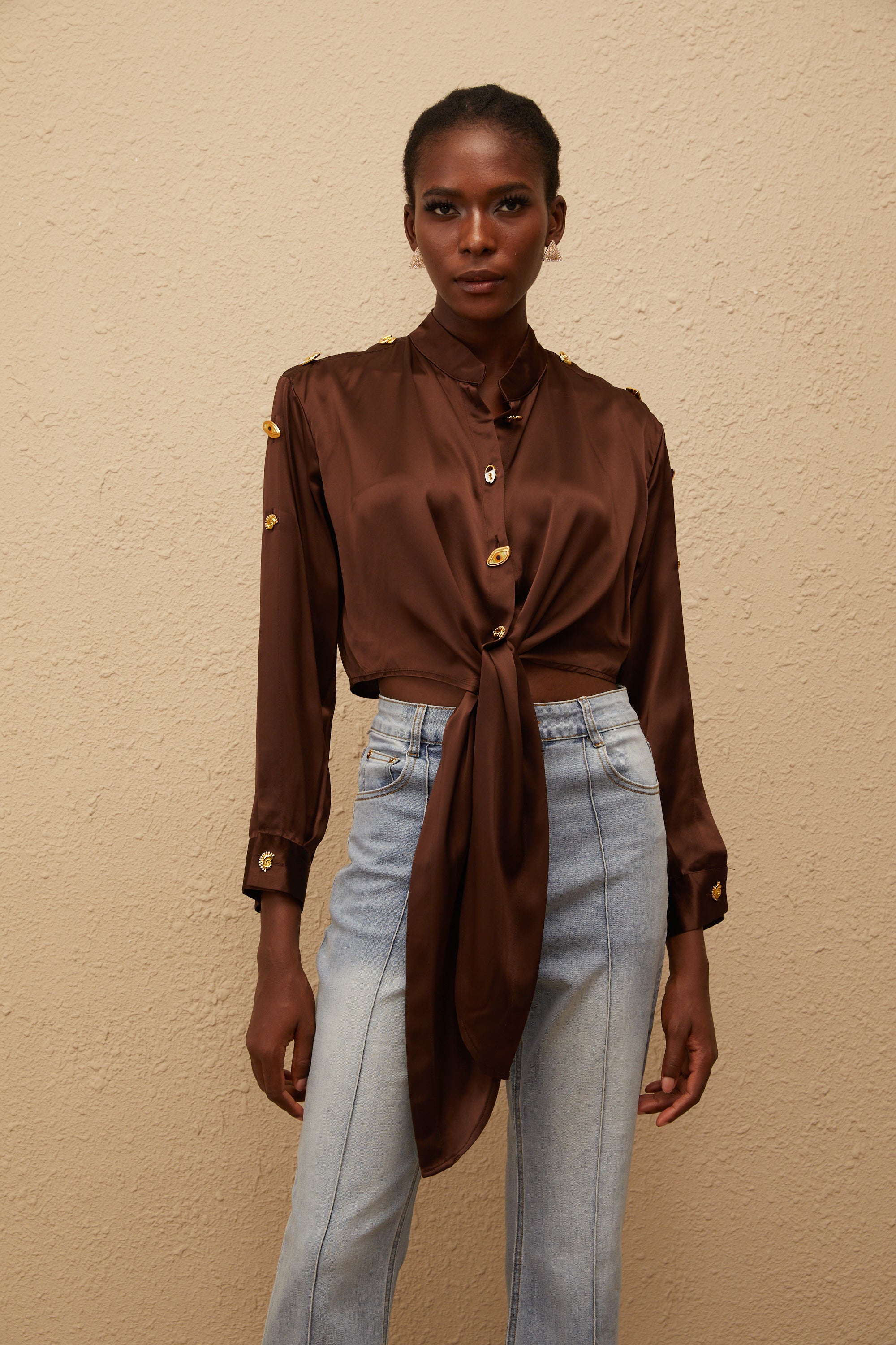 Josette Brown Satin Crop Shirt with Tie Detail