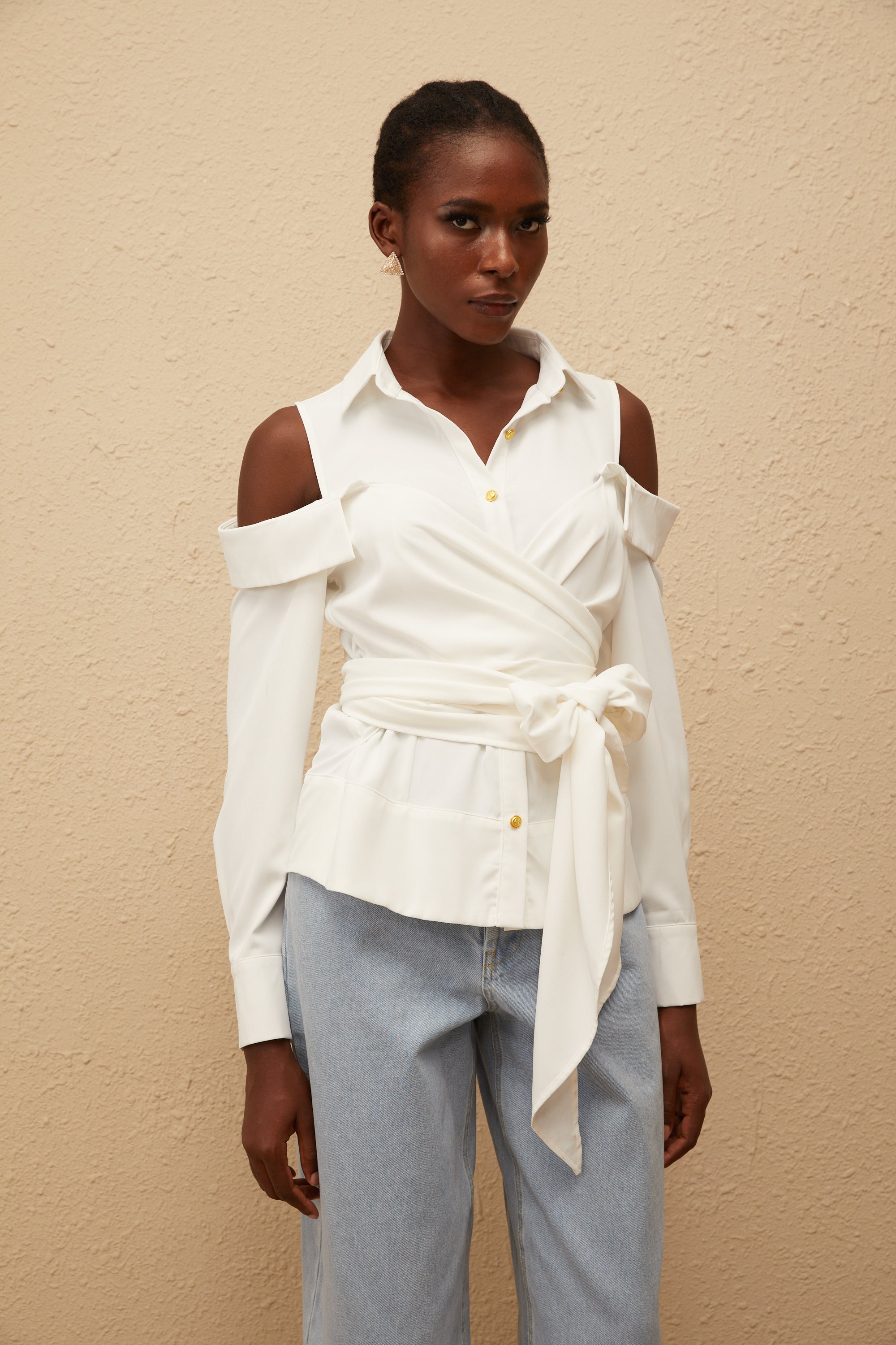 Valérie White Cold Shoulder Self Tie Shirt