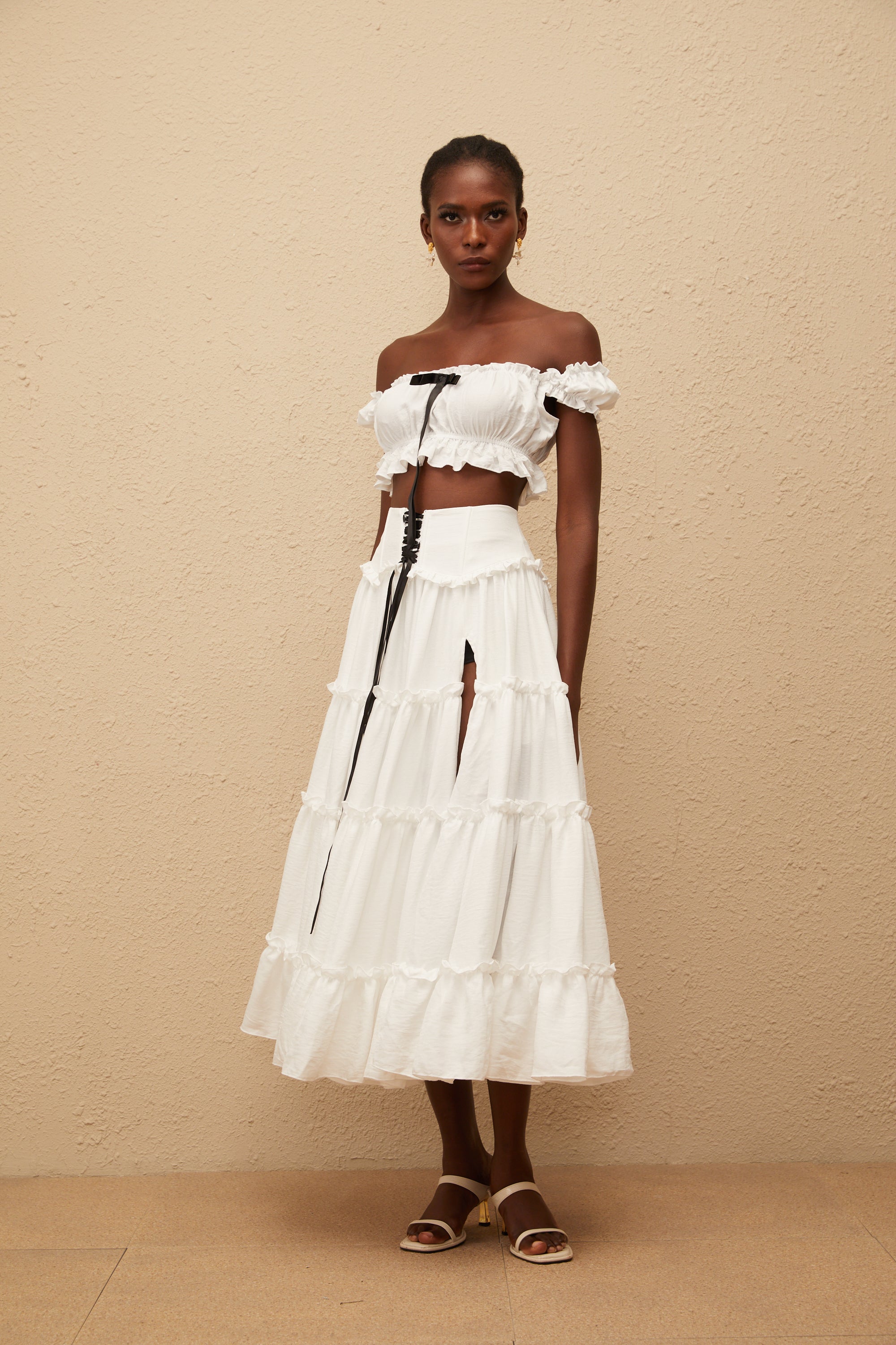 Théoline White Ruffled Trim Shirred Top & Skirt Set