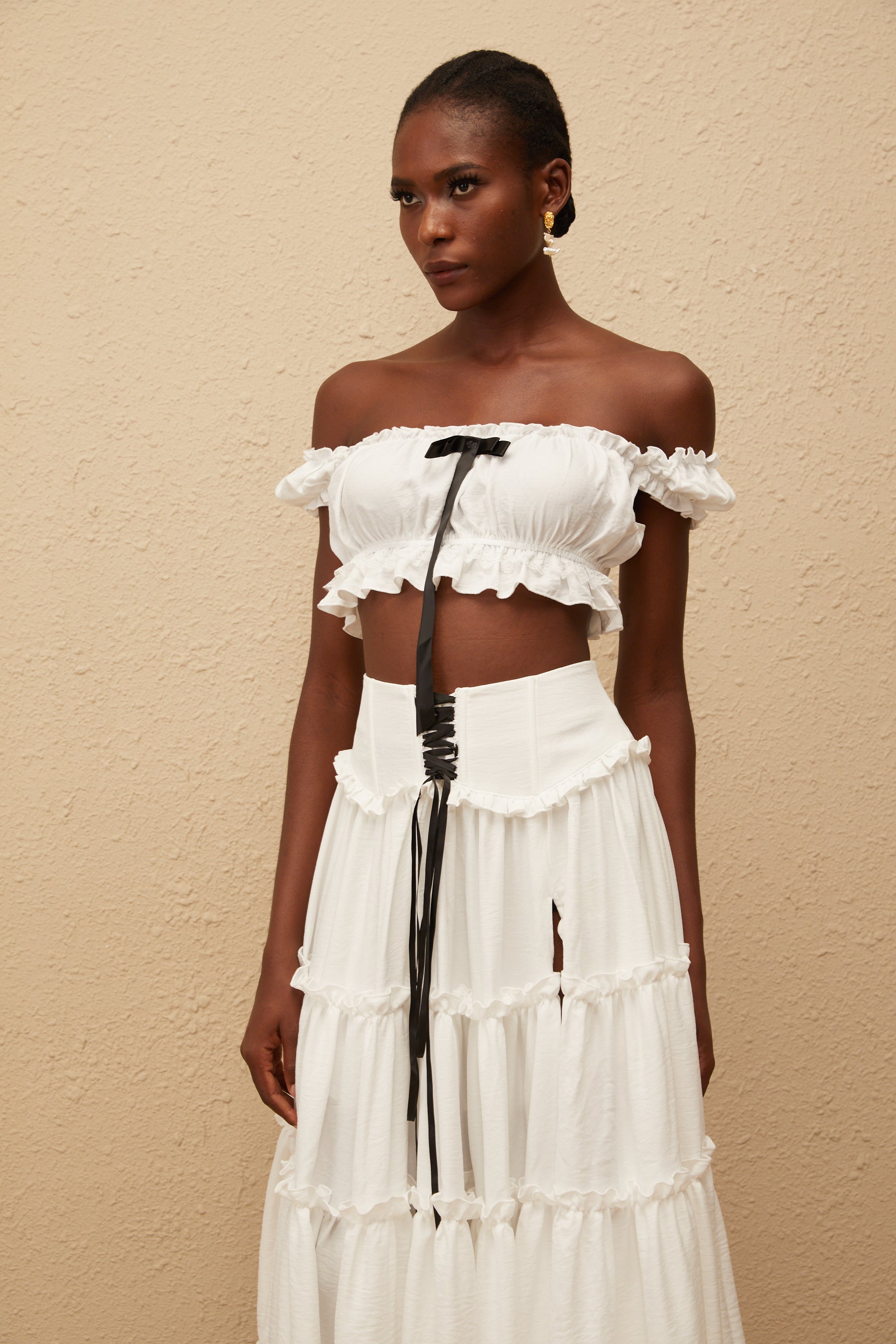 Théoline White Ruffled Trim Shirred Top & Skirt Set