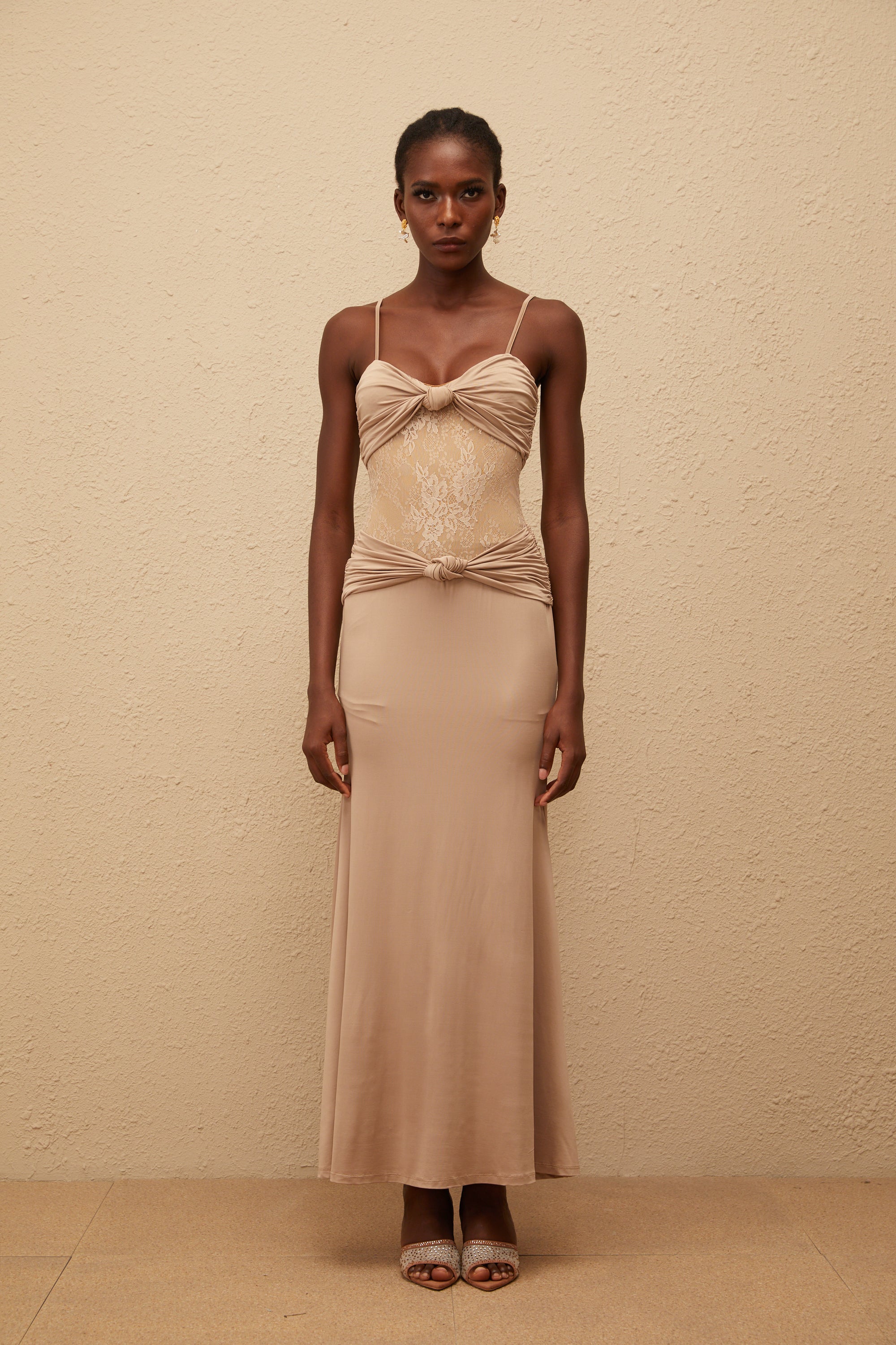 Nevaeh Khaki Twisted Lace Panel Maxi Dress (Final Sale)