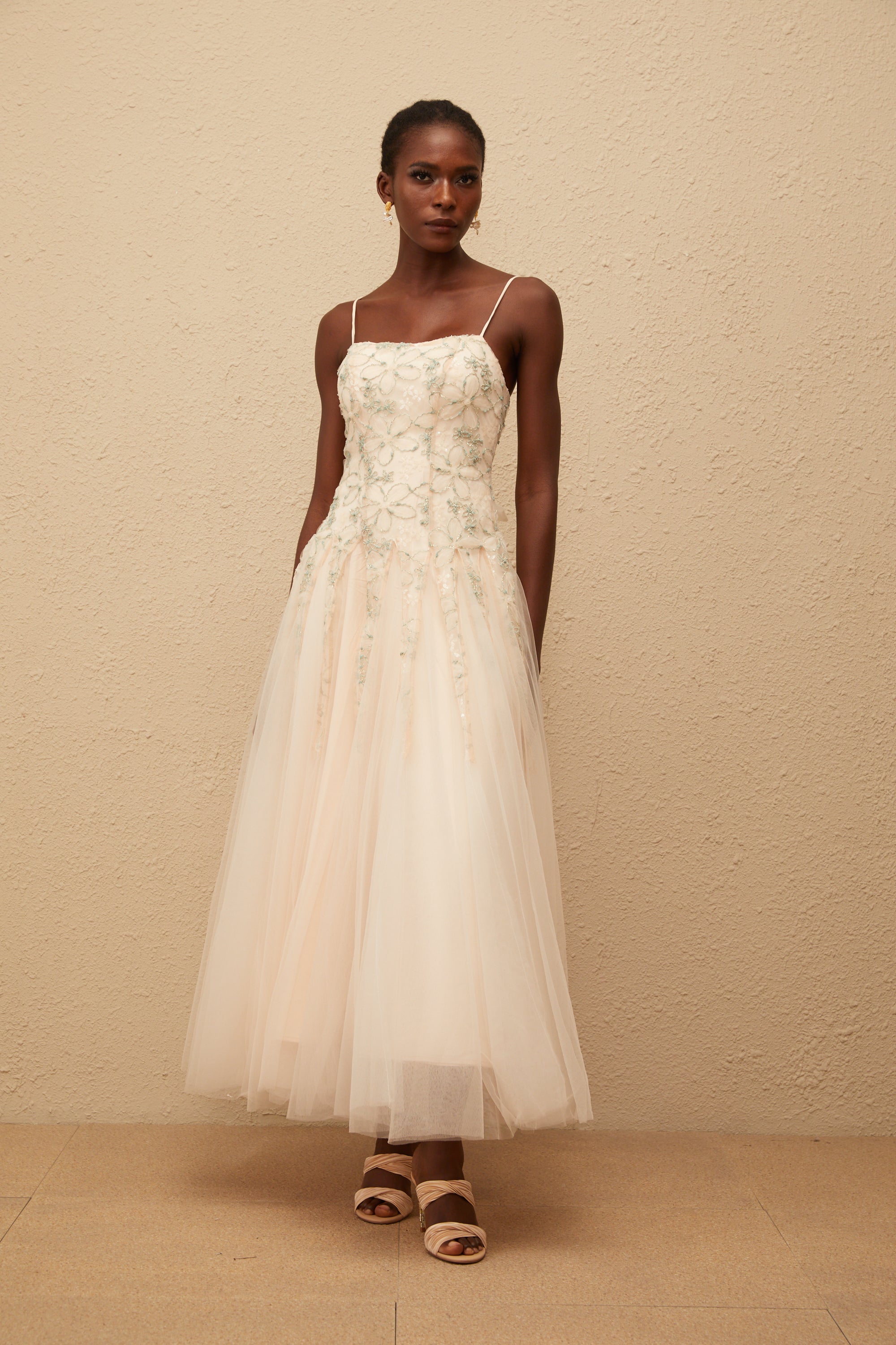 Madeline Green Floral Embroidered Tulle Maxi Dress