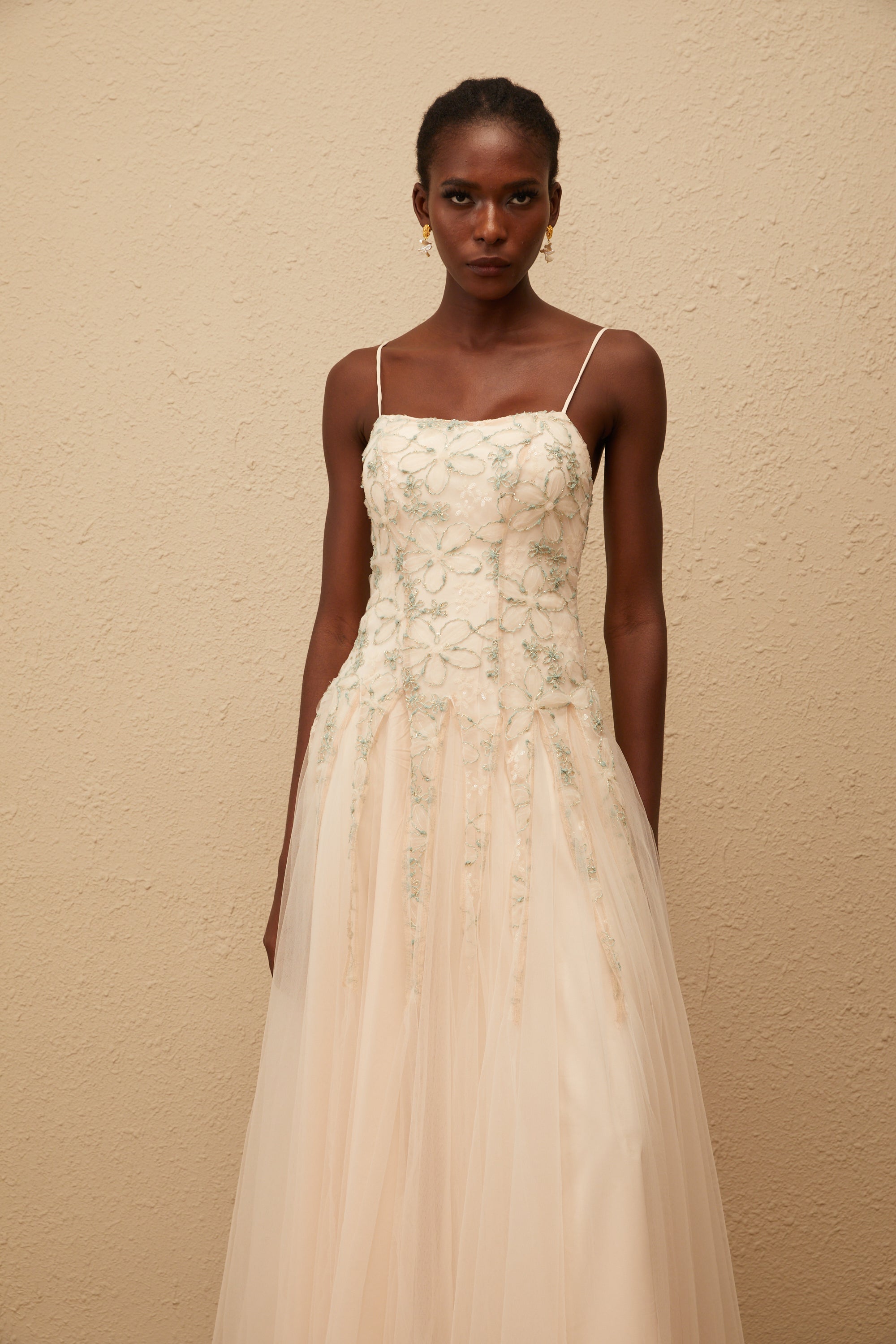 Madeline Green Floral Embroidered Tulle Maxi Dress