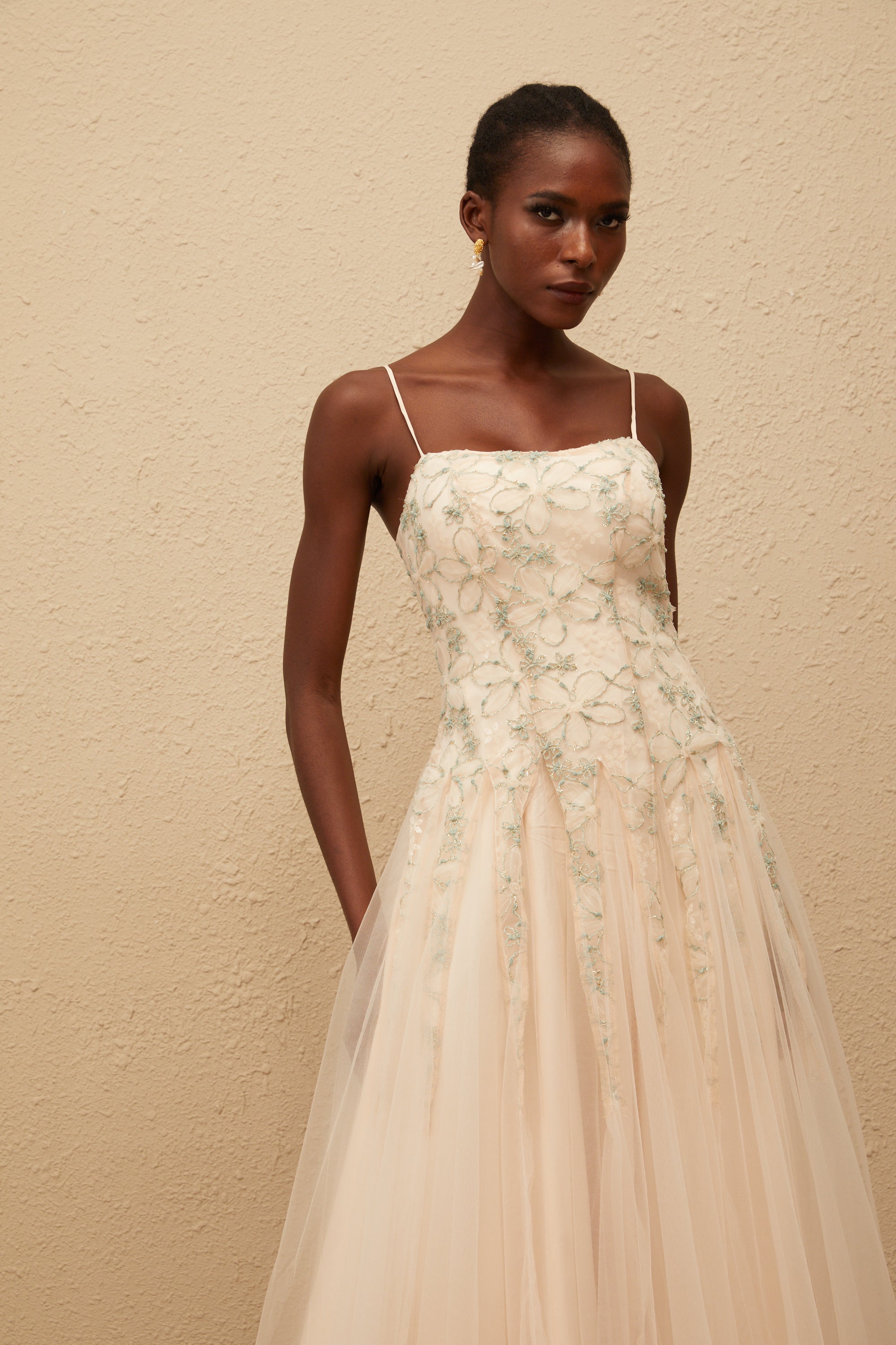 Madeline Green Floral Embroidered Tulle Maxi Dress