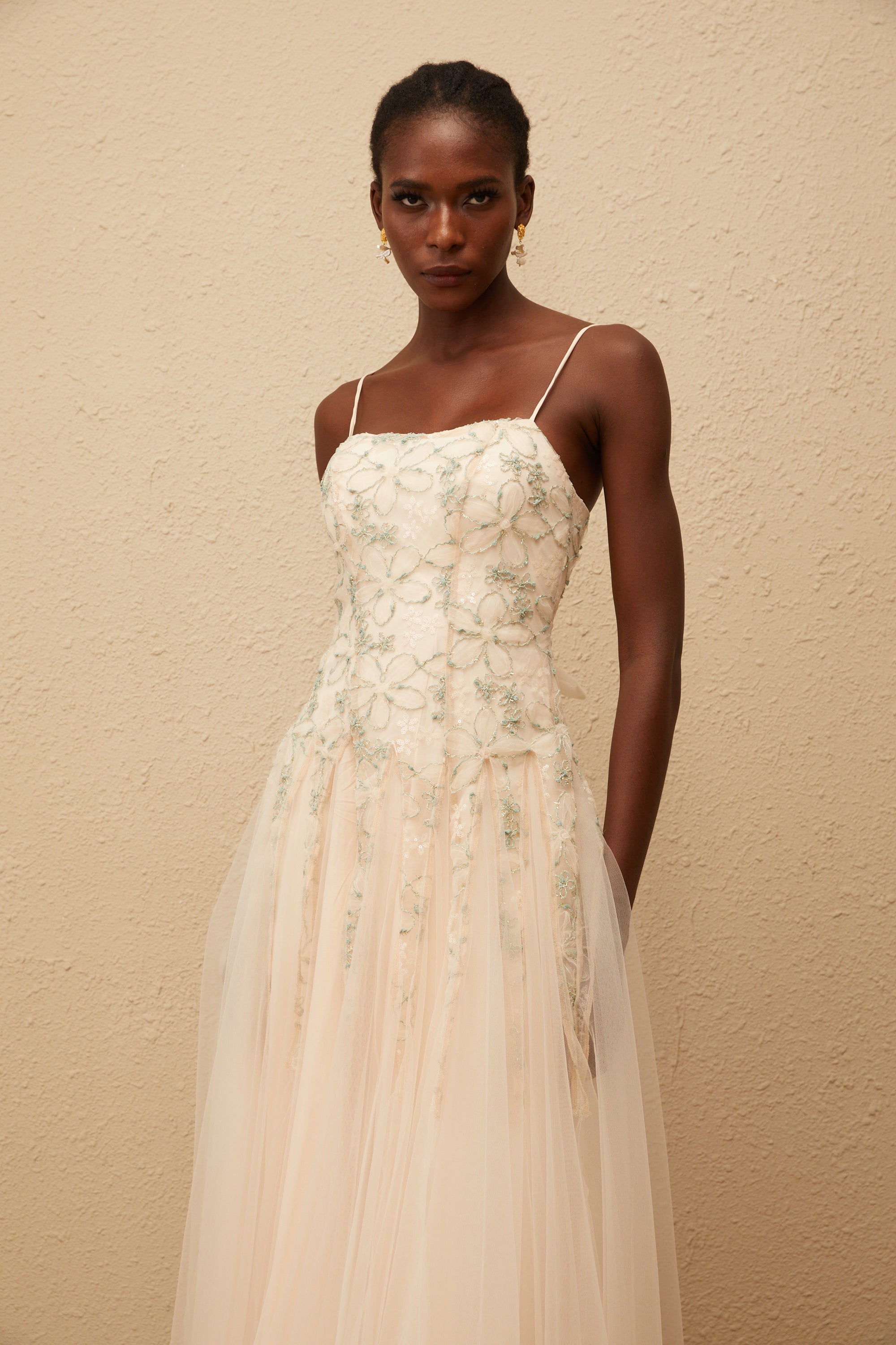 Madeline Green Floral Embroidered Tulle Maxi Dress