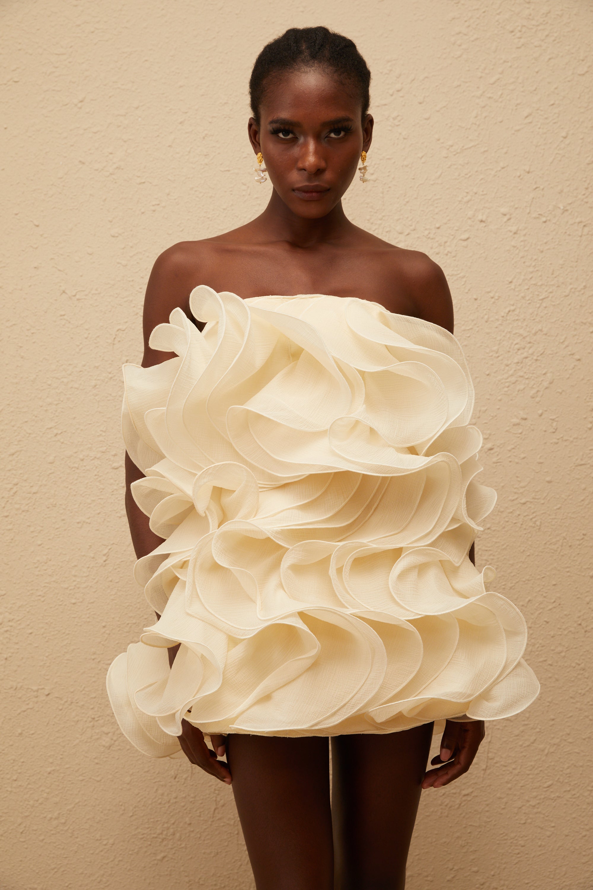 Ruby White 3D Petal Layered Mini Dress