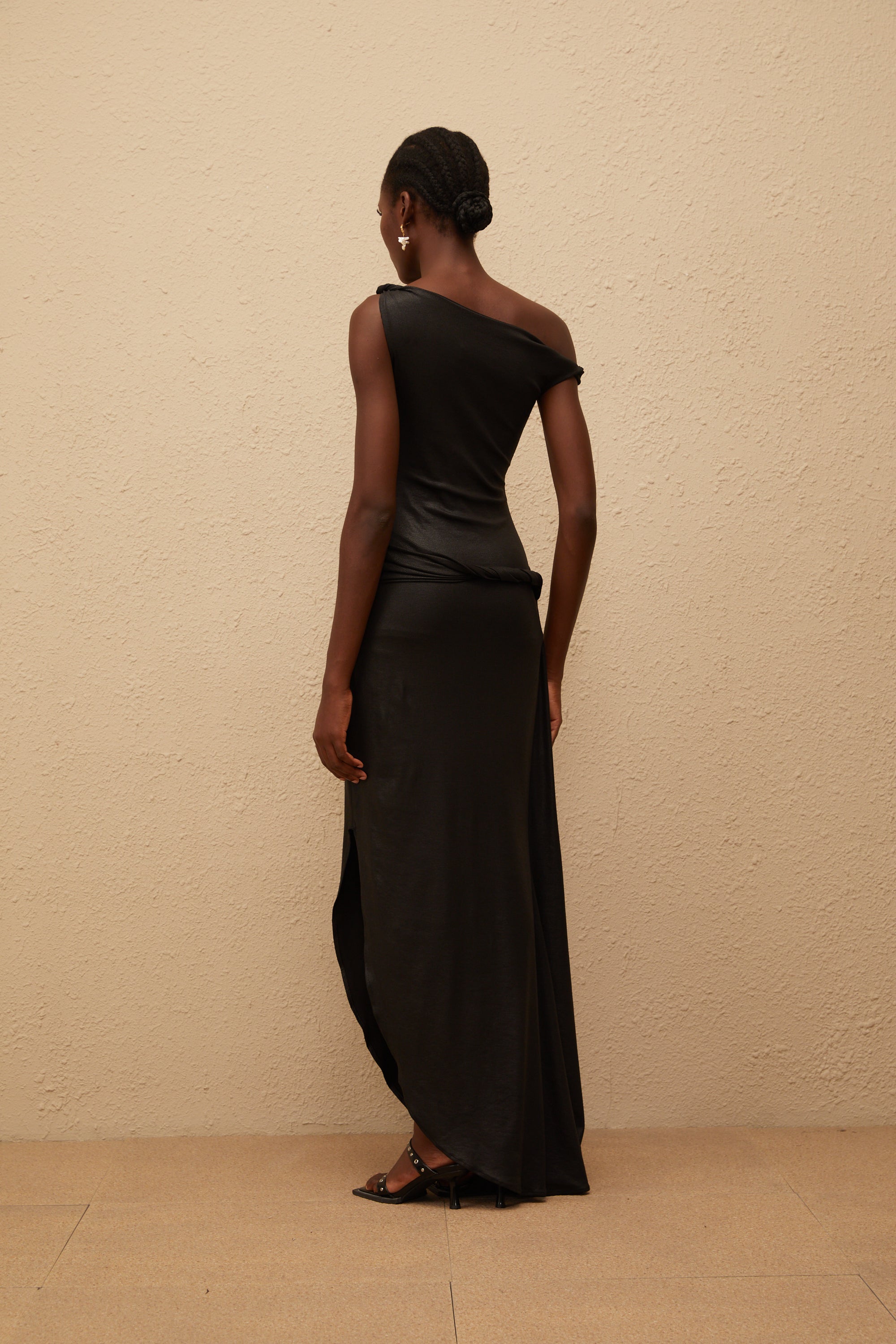 Samantha Black Asymmetrical Gathered Maxi Dress