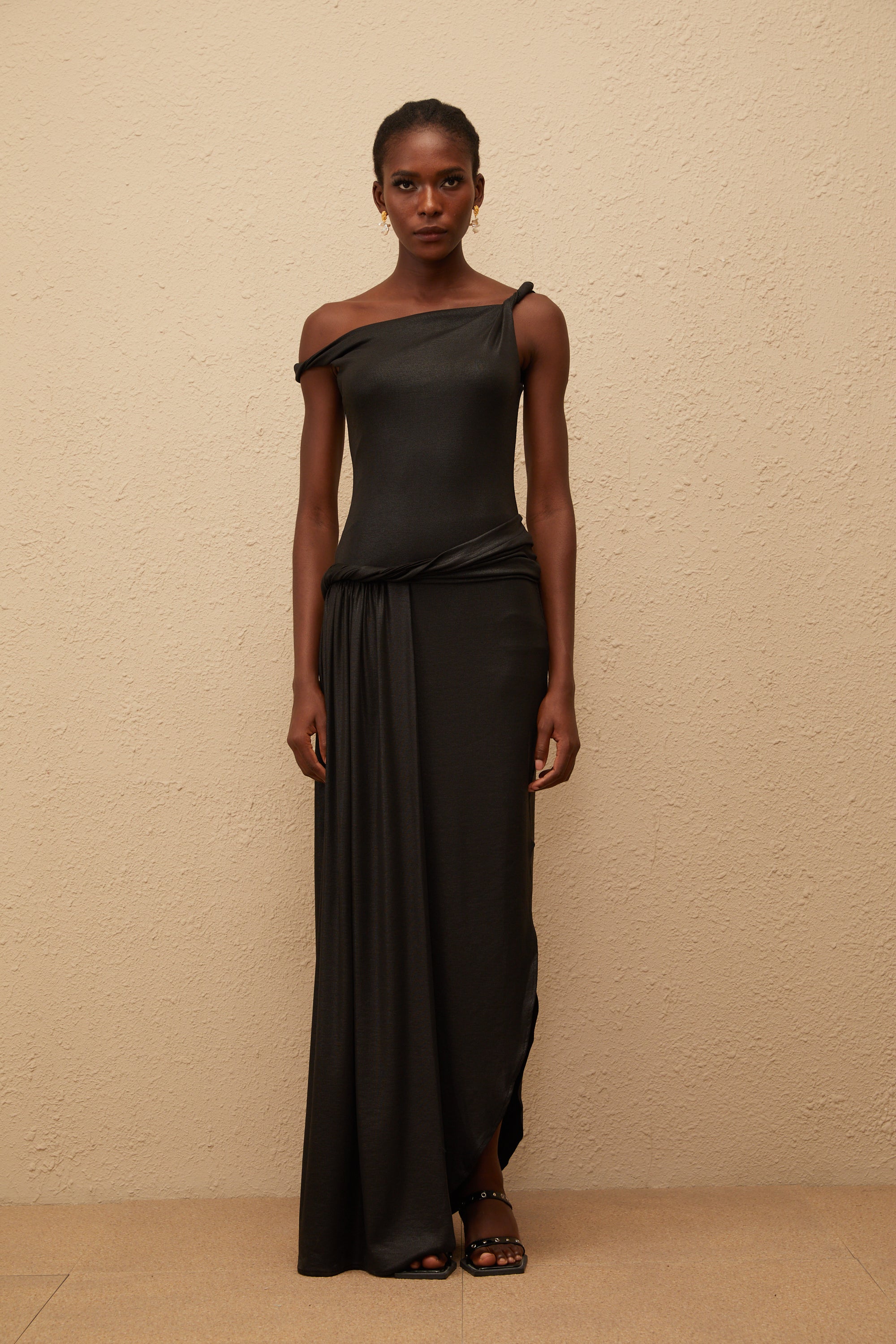 Samantha Black Asymmetrical Gathered Maxi Dress