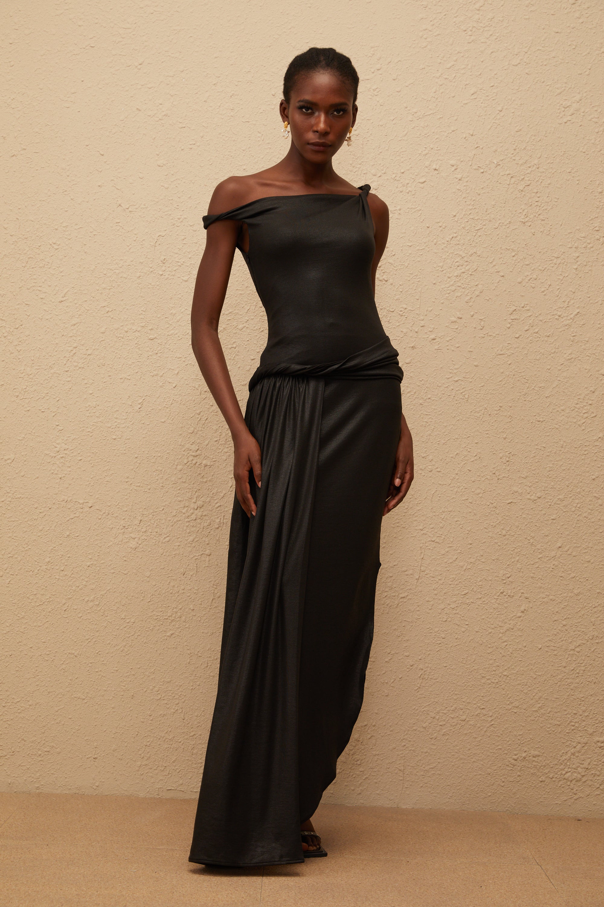 Samantha Black Asymmetrical Gathered Maxi Dress