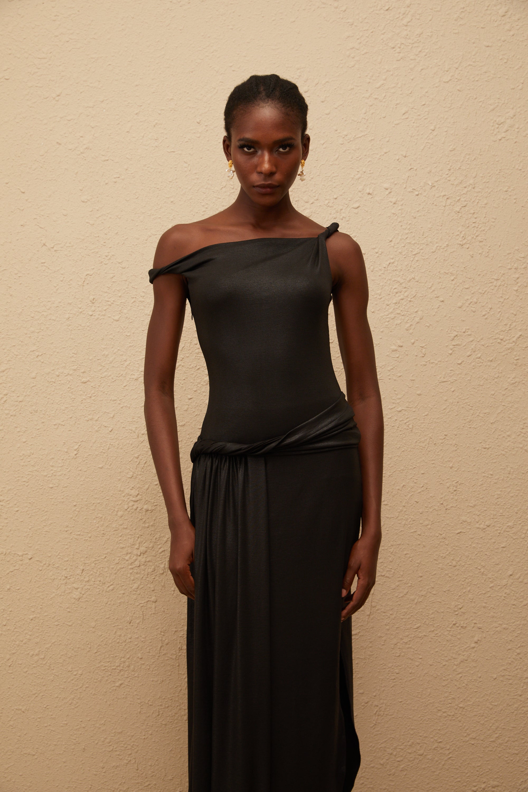 Samantha Black Asymmetrical Gathered Maxi Dress