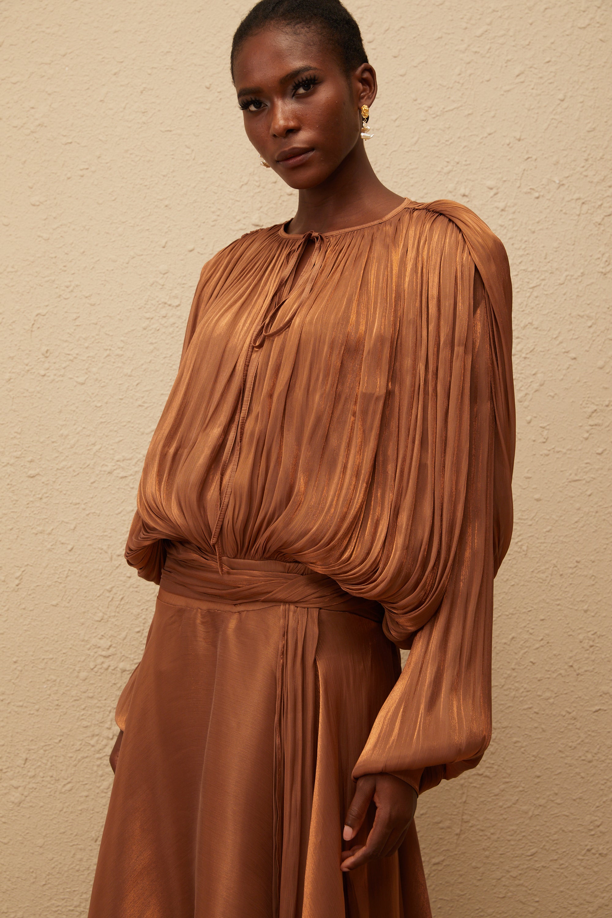 Eugénie Pleated Ruffle Maxi Dress in Brown